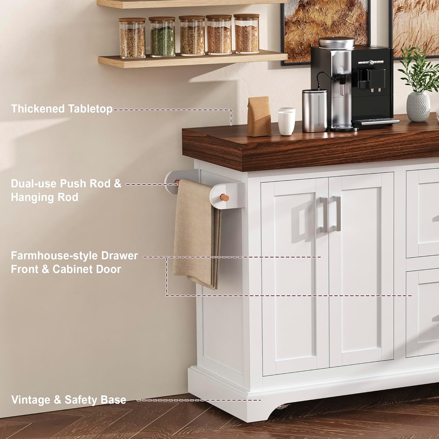 53" Thick Top Kitchen Cart with Storage, Coffee Cart with Lockable Wheels, Kitchen Island Cart with Spice Racks for Kitchen, White