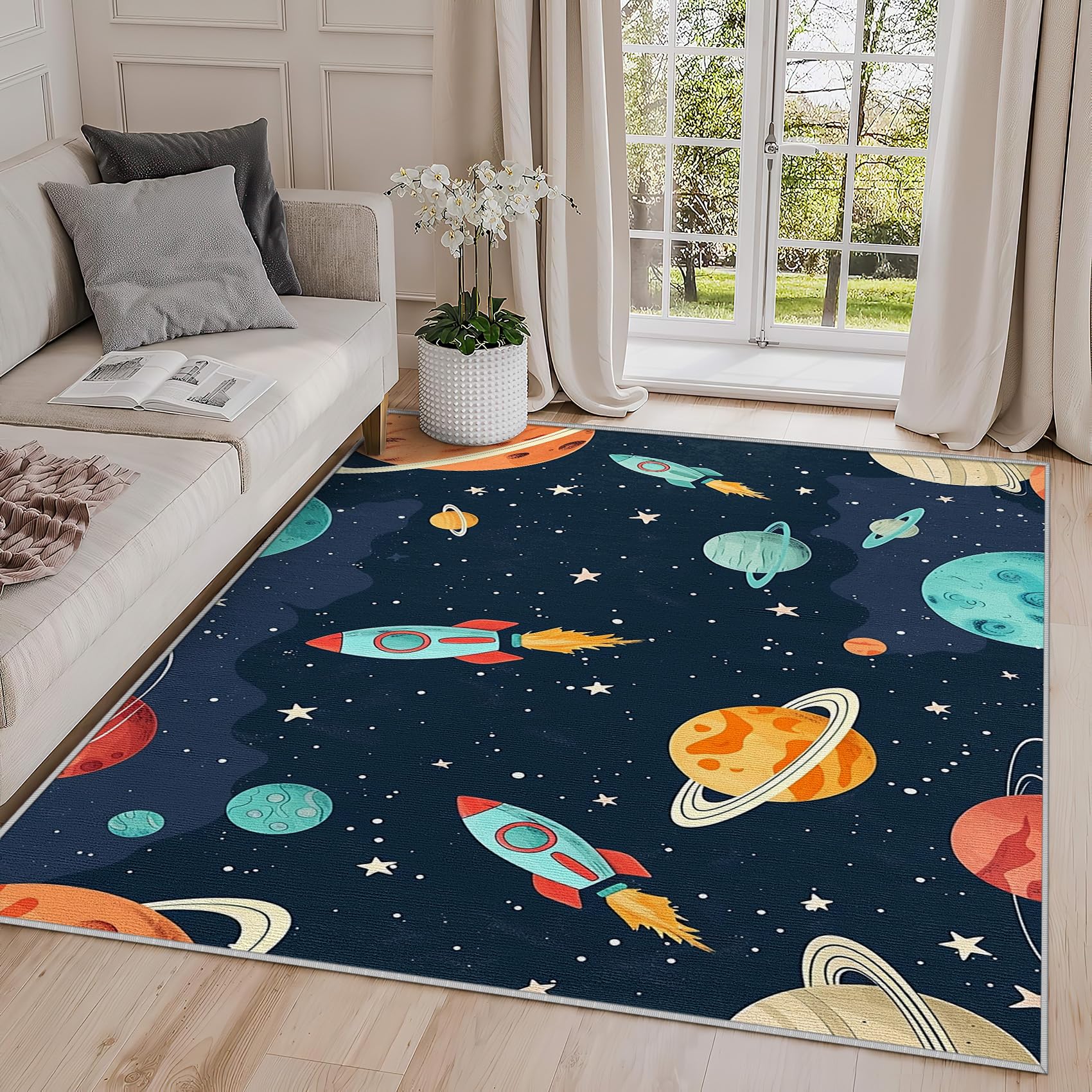 Generic 4x6 Rug, Space Rug Washable Non Slip Soft for Living Room Bedroom, Cartoon Rocket Planet Area Rug, Kids Boys Nursery Universe Carpet, Space