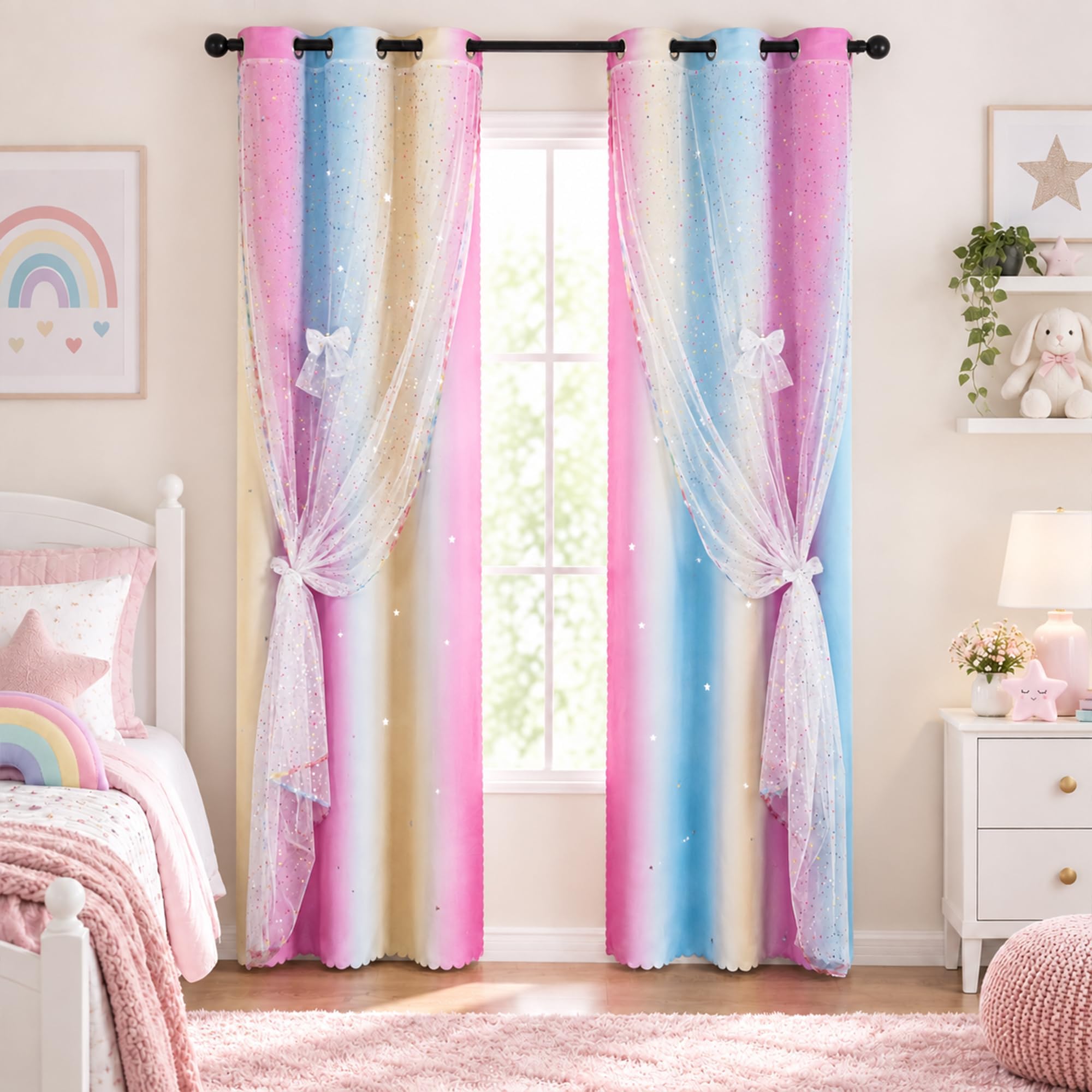 Kids & Girls Rainbow Ombre Double Layer Star Cutout Blackout Curtains with Foil Print Sheer, 2 Panels Set for Bedroom, Nursery, Living Room - Yellow Purple Blue, 34W x 84L