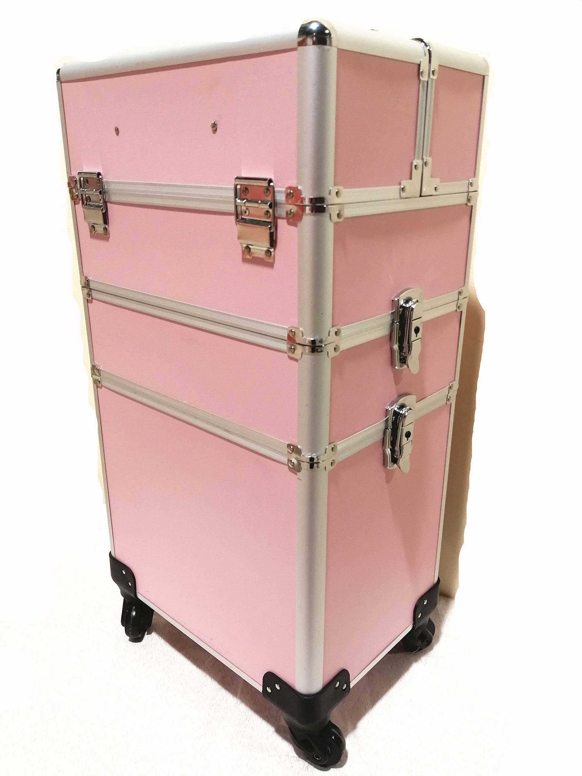 VIYA Professional Nail Polish Organizer, Large Makeup Train Case, Rolling Makeup Trolley Case PU Leather Artists Lockable Jewelry Travel Cosmetic Train Case w/ 4 Wheels,Pink