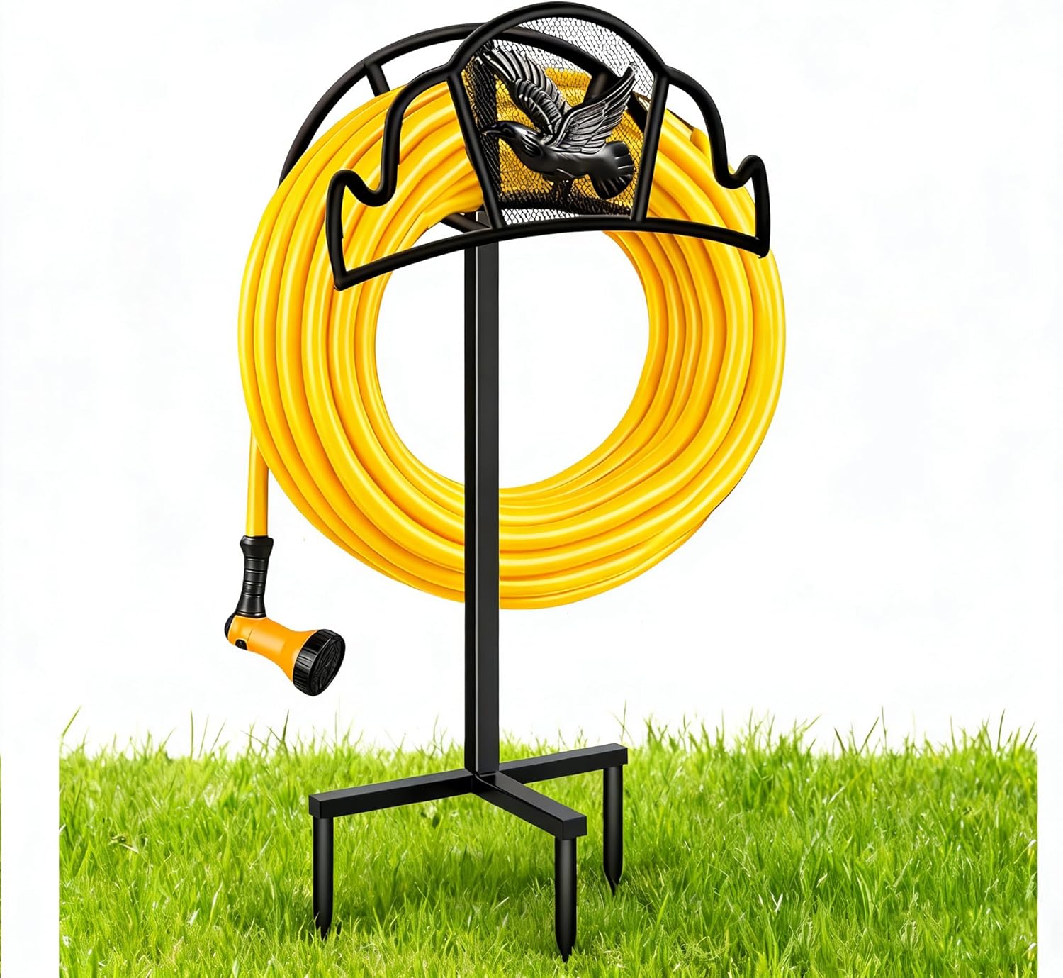 AMAGABELI GARDEN & HOME Hose Holder for Outside Freestanding 150 Feet Holds Heavy Duty Metal Detachable Rustproof Hose Stand Hanger Decorative Water Hose Storage With Ground Stakes Garden Lawn Black
