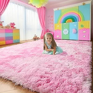 Amdrebio Tie-Dyed Pink and White Rug 5x8 for Girls Bedroom, Soft Area Rugs for Kids Room, Cute Fluffy Fuzzy Princess Rugs for Playroom Dorm, Furry Shaggy Carpet for Baby Nursery, Preppy Room Decor