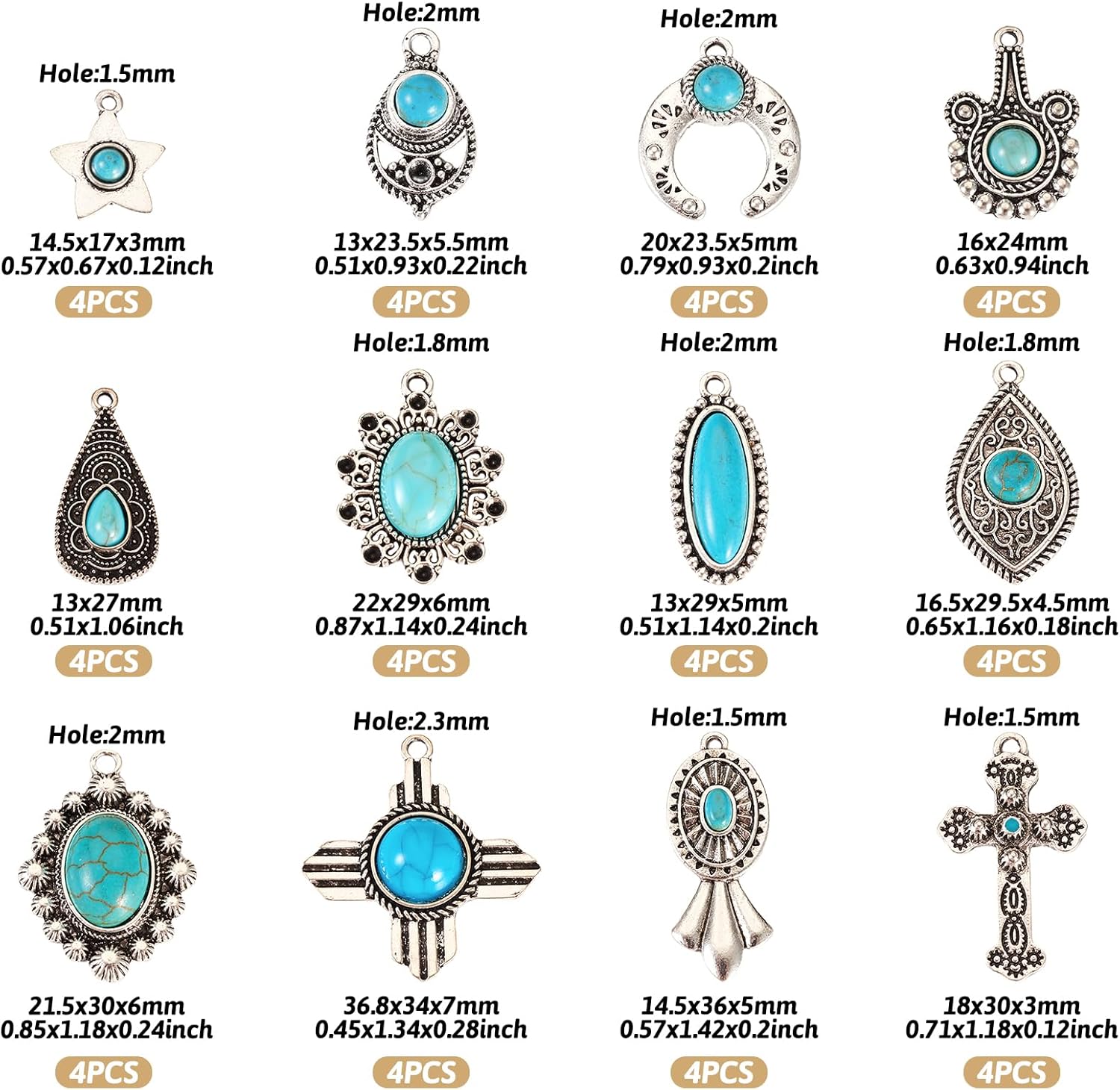 Beadthoven 48pcs Turquoise Charms Western Charms for Jewelry Making Tibetan Silver Turquoise Stone Pendants for Bohemian Earring Necklace Making DIY Crafts Summer - Image 5