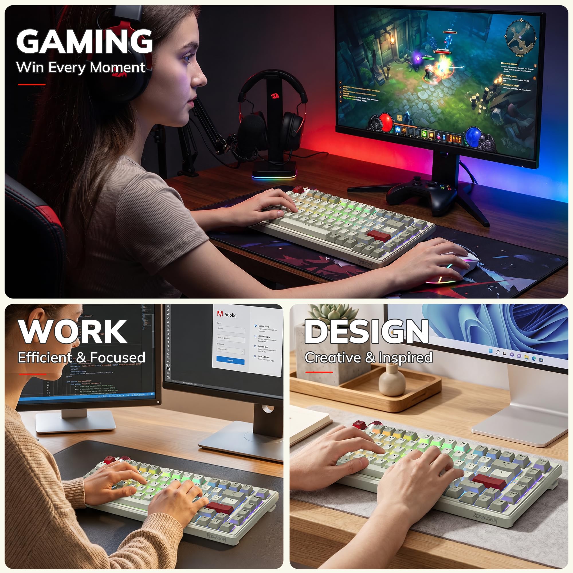 Redragon K777 - Tastiera meccanica da gioco wireless al 75%, sostituibile a caldo, con manopola, suono cremoso Thocky, tri-mode BT5.0/2,4 GHz/USB-C, North-Facing RGB, per PC e Mac (grigio e beige)