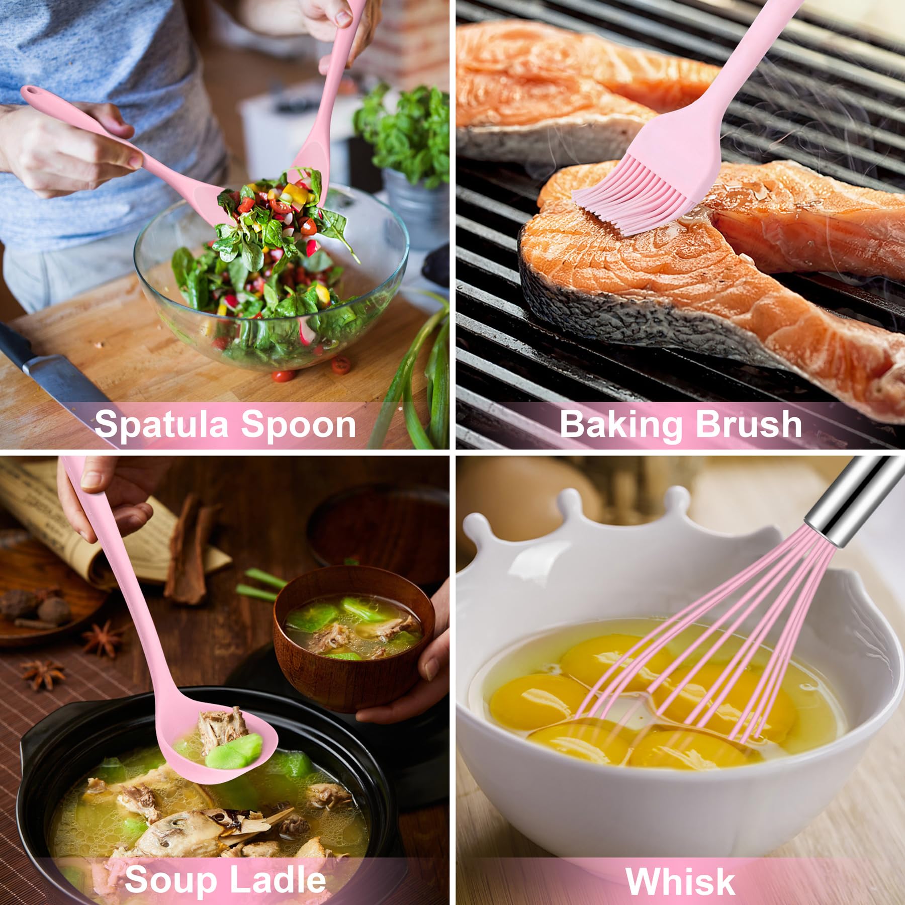 HaWare Set di utensili da cucina rosa, 13 pezzi in silicone con supporto, utensili da cucina inclusi spatola cucchiaio, pentole antiaderenti e resistenti al calore, lavabili in lavastoviglie