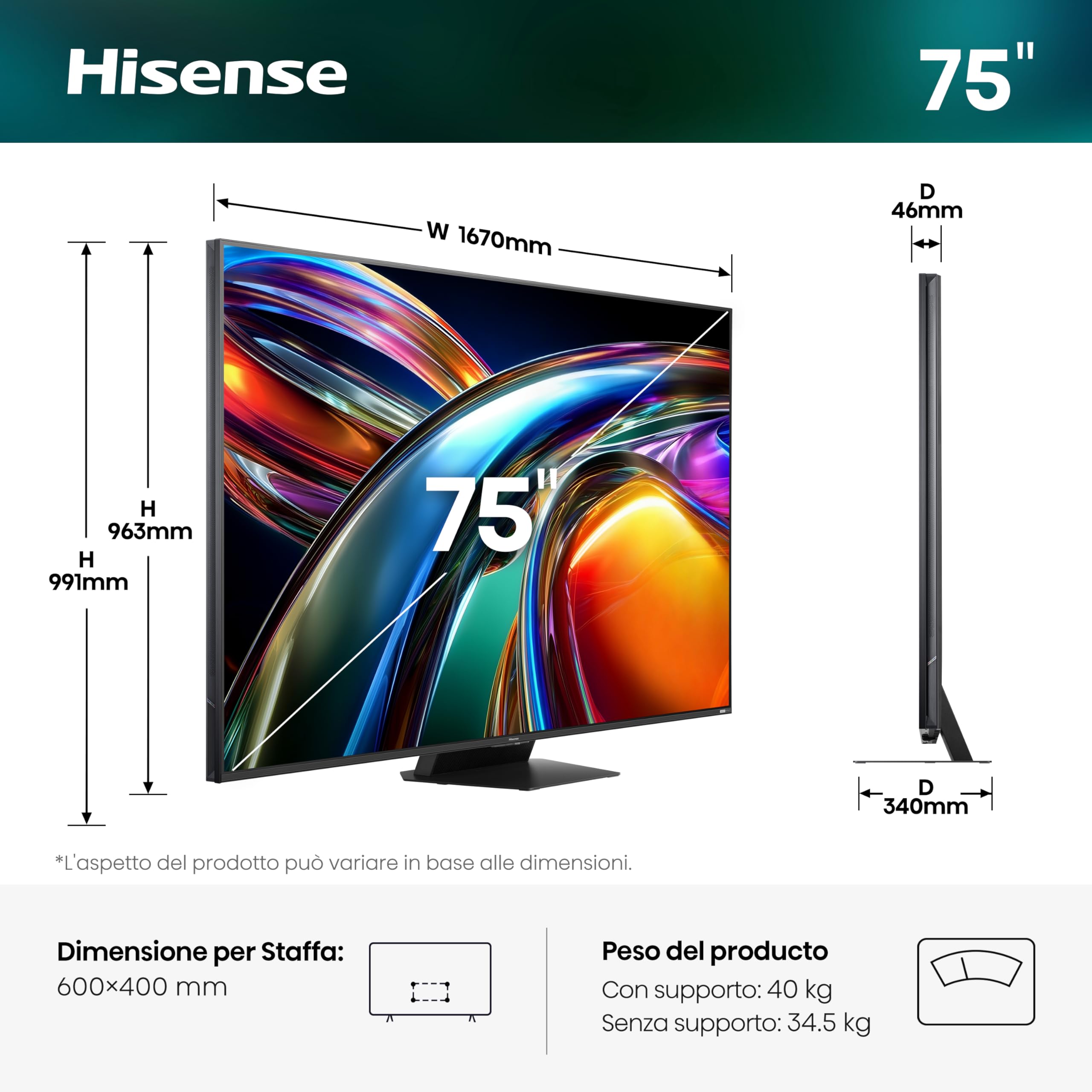 Hisense Smart TV RGB MiniLED 180Hz 75" 4K 75UR9S | Schermo Anti-Riflesso, Dolby Atmos 4.1.2 By Devialet, Dolby Vision IQ, IMAX, VIDAA OS, USB-C,Wifi 6, BT, Airplay2, 2026 Model