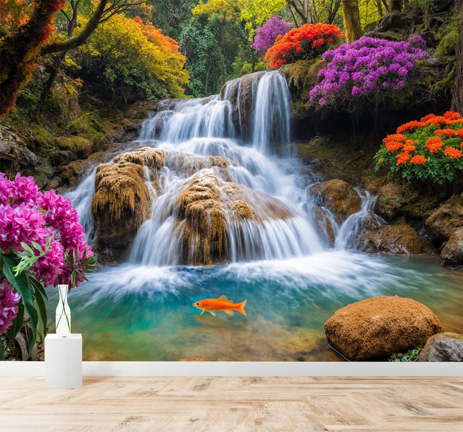 XLMING Vibrant Colours Waterfall Flowers Forest Stream Goldfish 3D Wallpaper Silky Texture Home Study Office Grey Dining Room Sofa Bedroom Living Room TV Backdrop-400cm×280cm