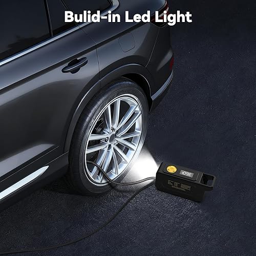 Miniatura 6 de Compresor de aire portátil, inflador de neumáticos de 150 PSI, bomba de aire de 12 V CC con apagado automático, manómetro digital y luz LED de Negro