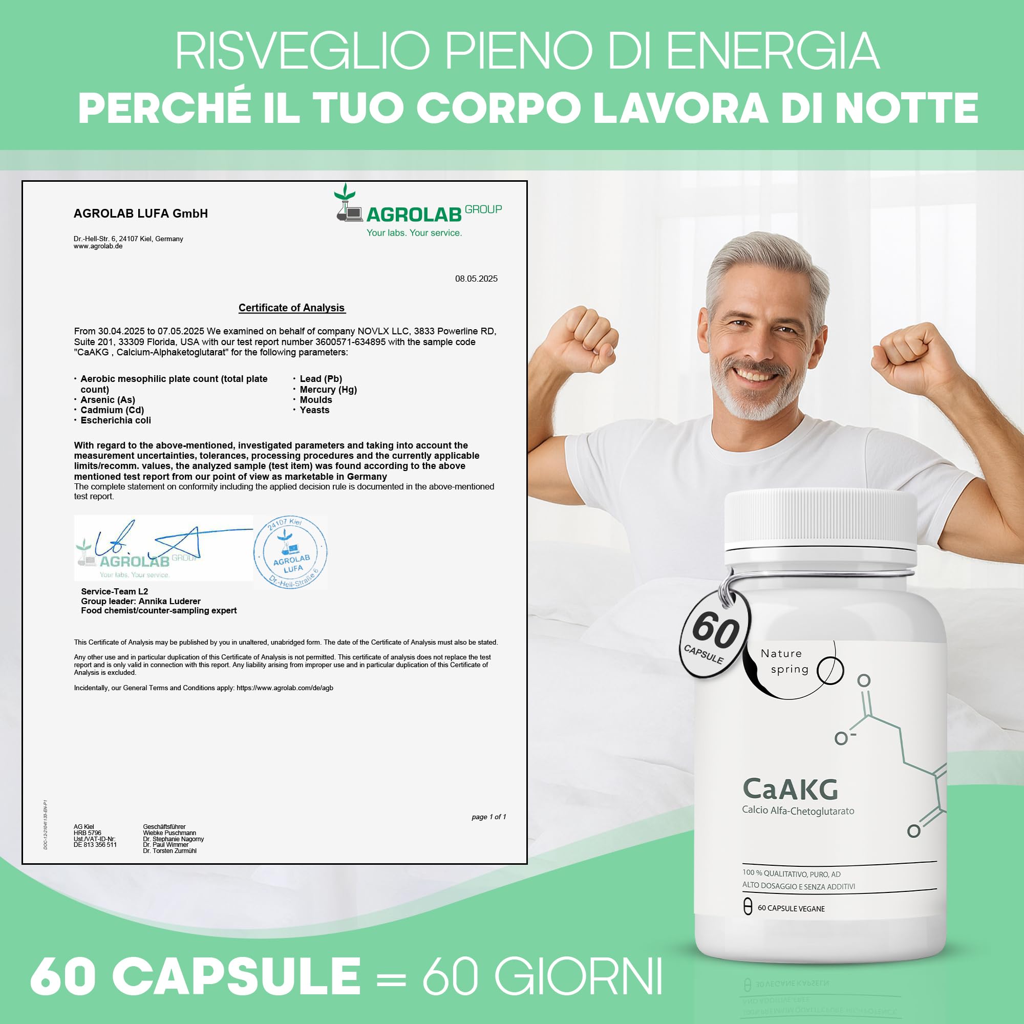 CaAKG | Calcio Alfa-chetoglutarato | 60 capsule | alta dose | 1000 mg | CaAKG di alta qualità senza additivi