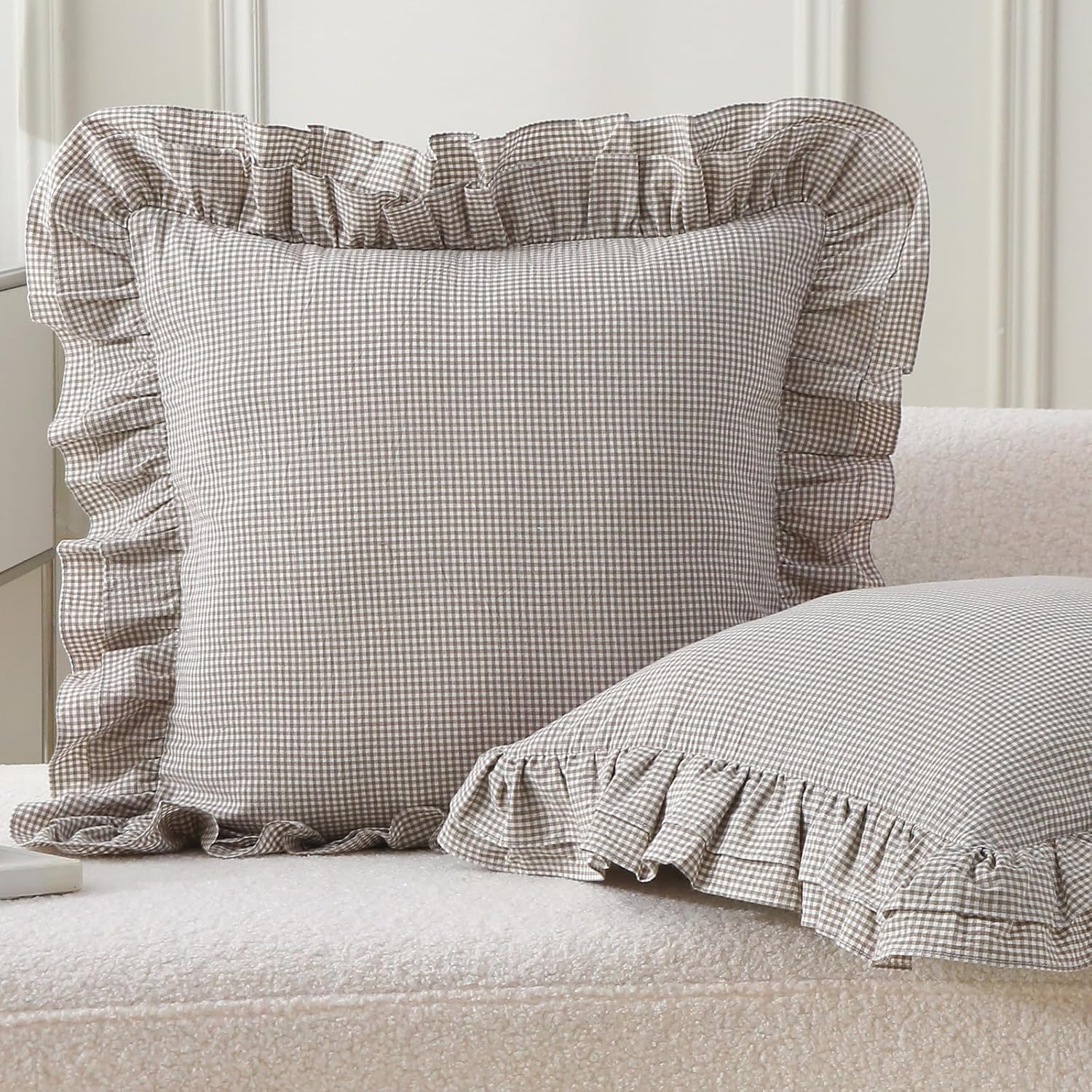 Aryeleay 2 Pack Brown White Plaid Gingham Ruffle Pillow Shams, 100% Washed Cotton Checkered Farmhouse Pillow Covers for Bed/Sofa-18x18 Brown/White Plaid 18" x 18" (Pack of 2)