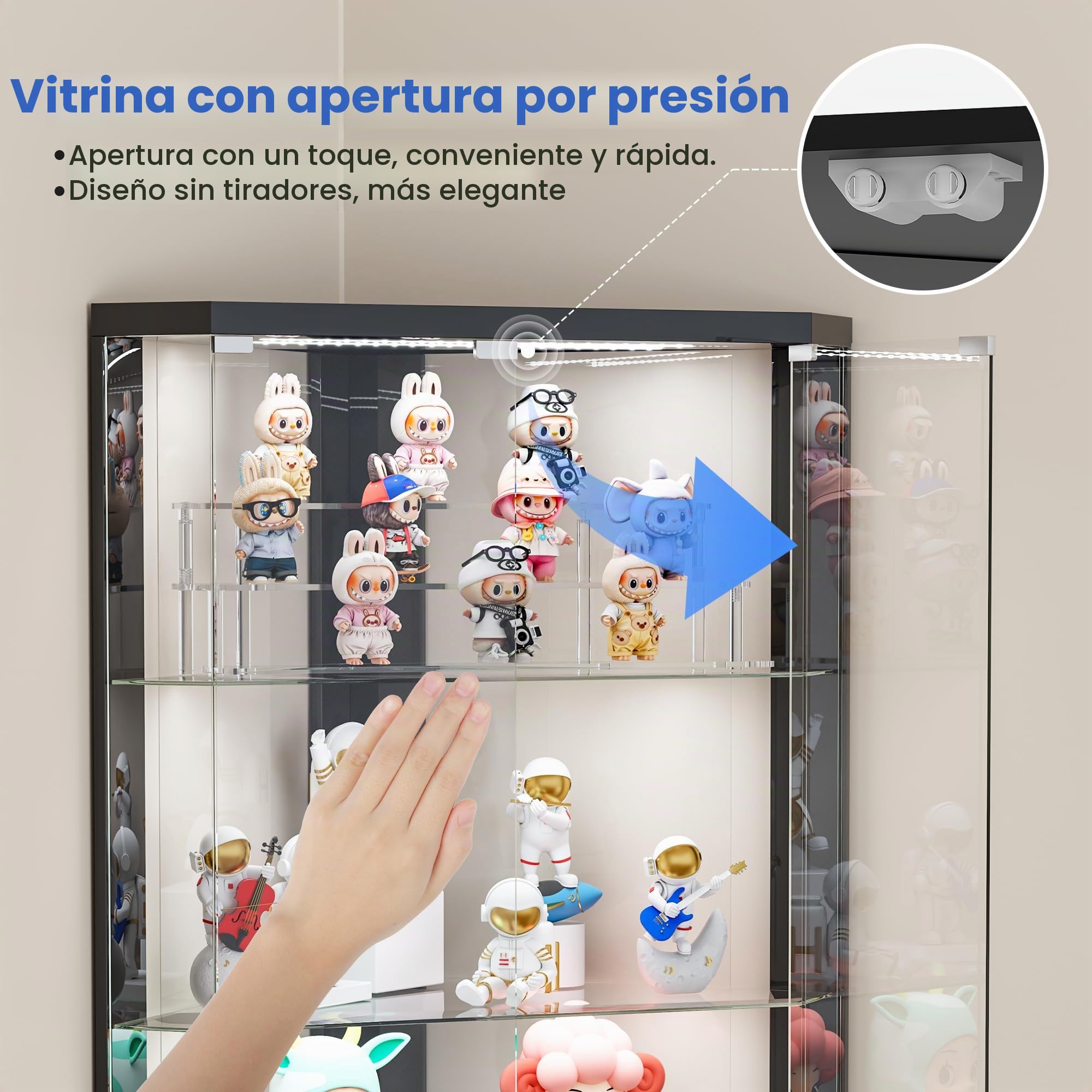 Lvifur Vitrina esquinera de 5 Niveles con Sensor de Presencia y Puertas de Cristal para Dormitorio/Estudio, Vitrina de Cristal de 175 cm con iluminación LED para coleccionistas y Sala de Estar,Negro