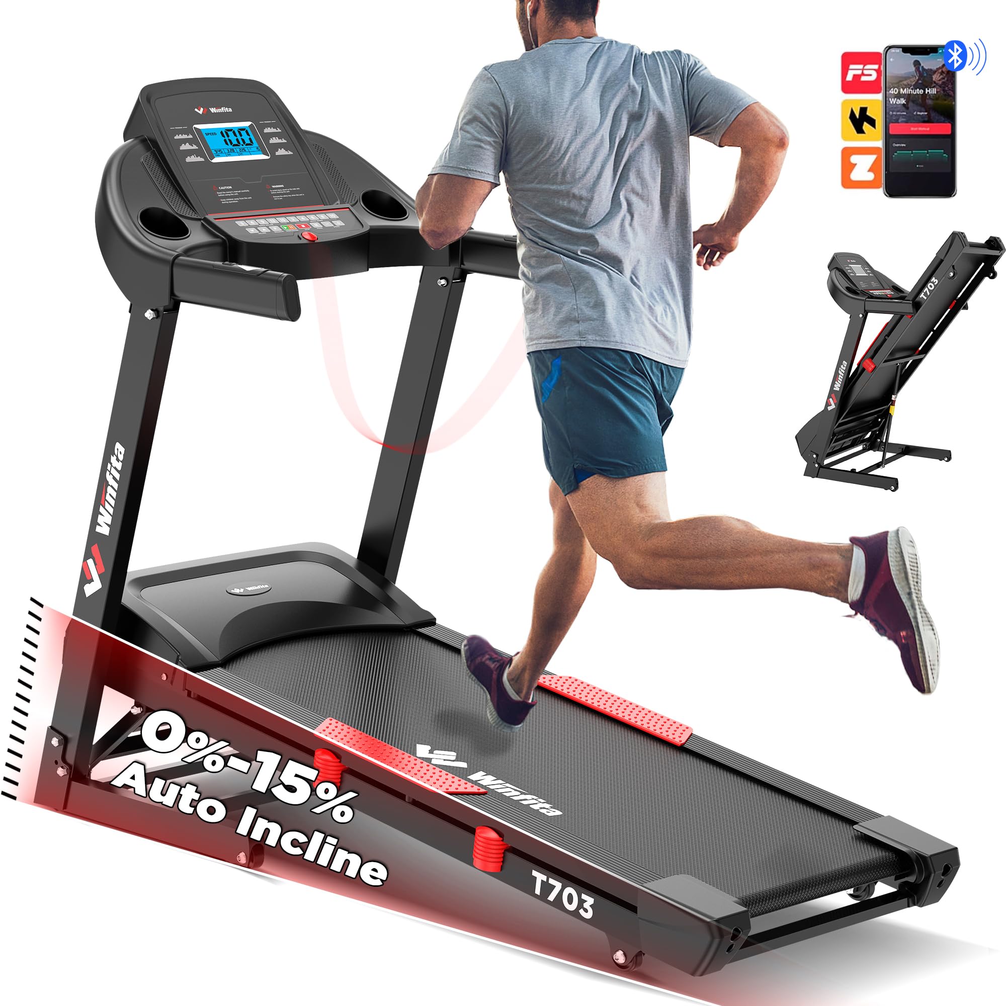 Winfita 4.0HP Folding Treadmill for Home with 15% Auto Incline, 300 lbs Weight Capacity, 10 MPH Max Speed, 18'' Wide Belt, APP, Running Machine