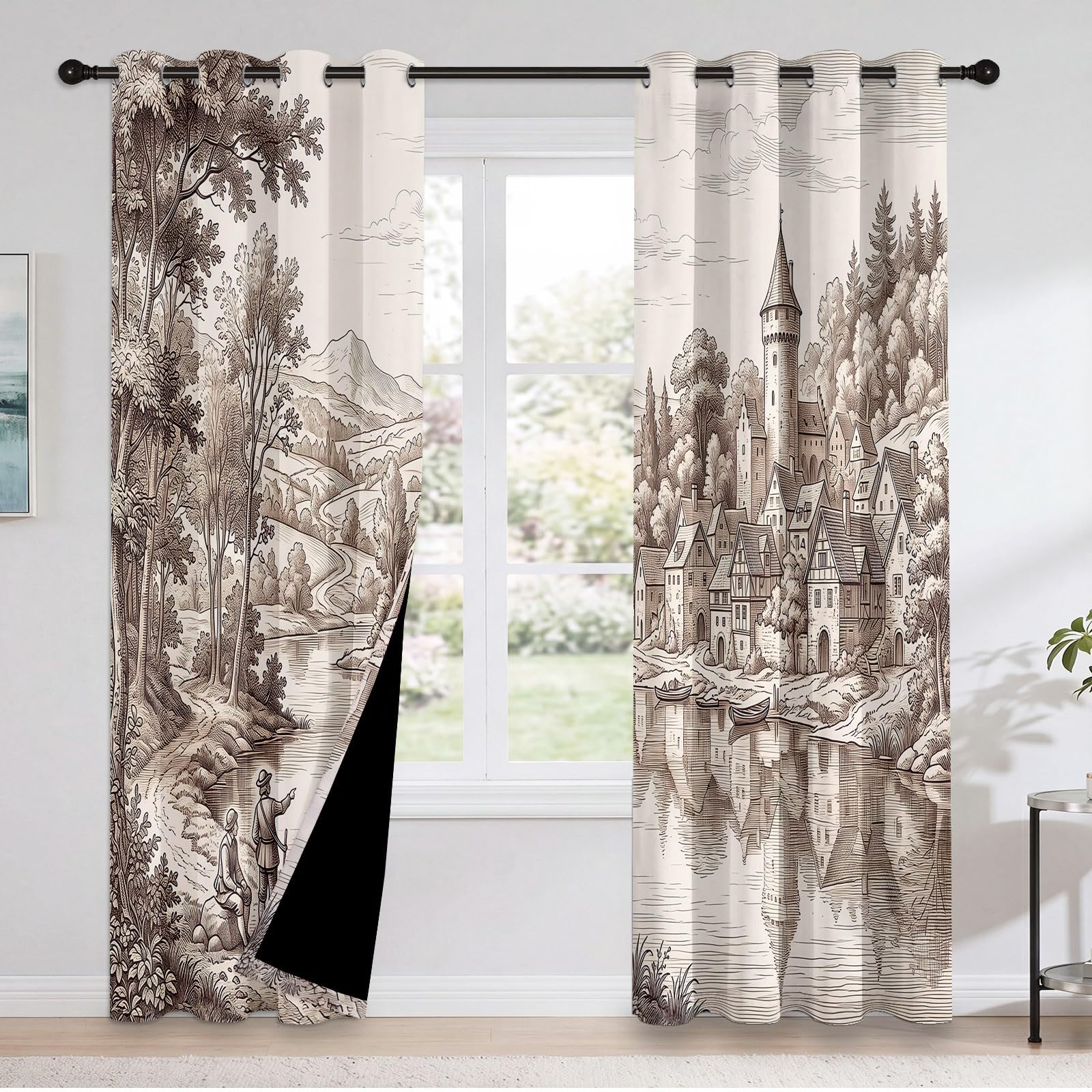 Abstrakcyjne zasłony zaciemniające 70 L x 240H cm (2 panele), termoizolacyjne mocowanie z oczkami jednokolorowe jezioro i odbicie na wodzie do domowego biura, brązowe