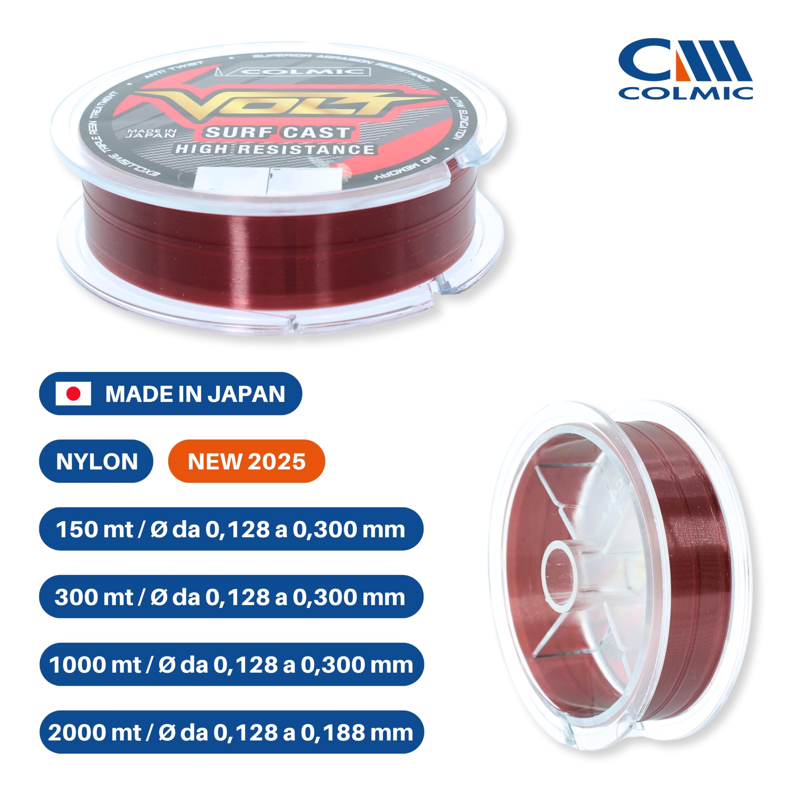 Colmic VOLT Surf Cast – Monofilamento de pesca de nailon fabricado en Japón – Alta resistencia a la abrasión, Anti Twist, revestimiento de resina de fluorina – Bobina 150 m/300 m/1000 m/2000 m