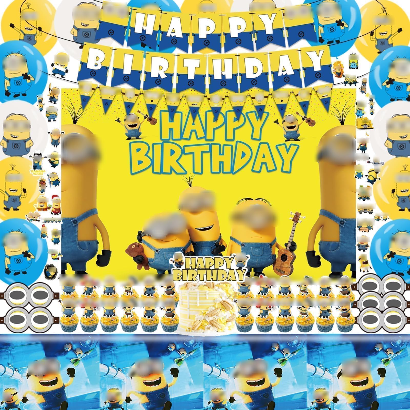 113 Pcs Yellow Cartoon Party Supplies, Included Happy Birthday Banner, Pennants, Backdrop, Tablecloth, Balloons, Masks, Cake Toppers, Cupcake Toppers for Kids Birthday Party Favor Decorations