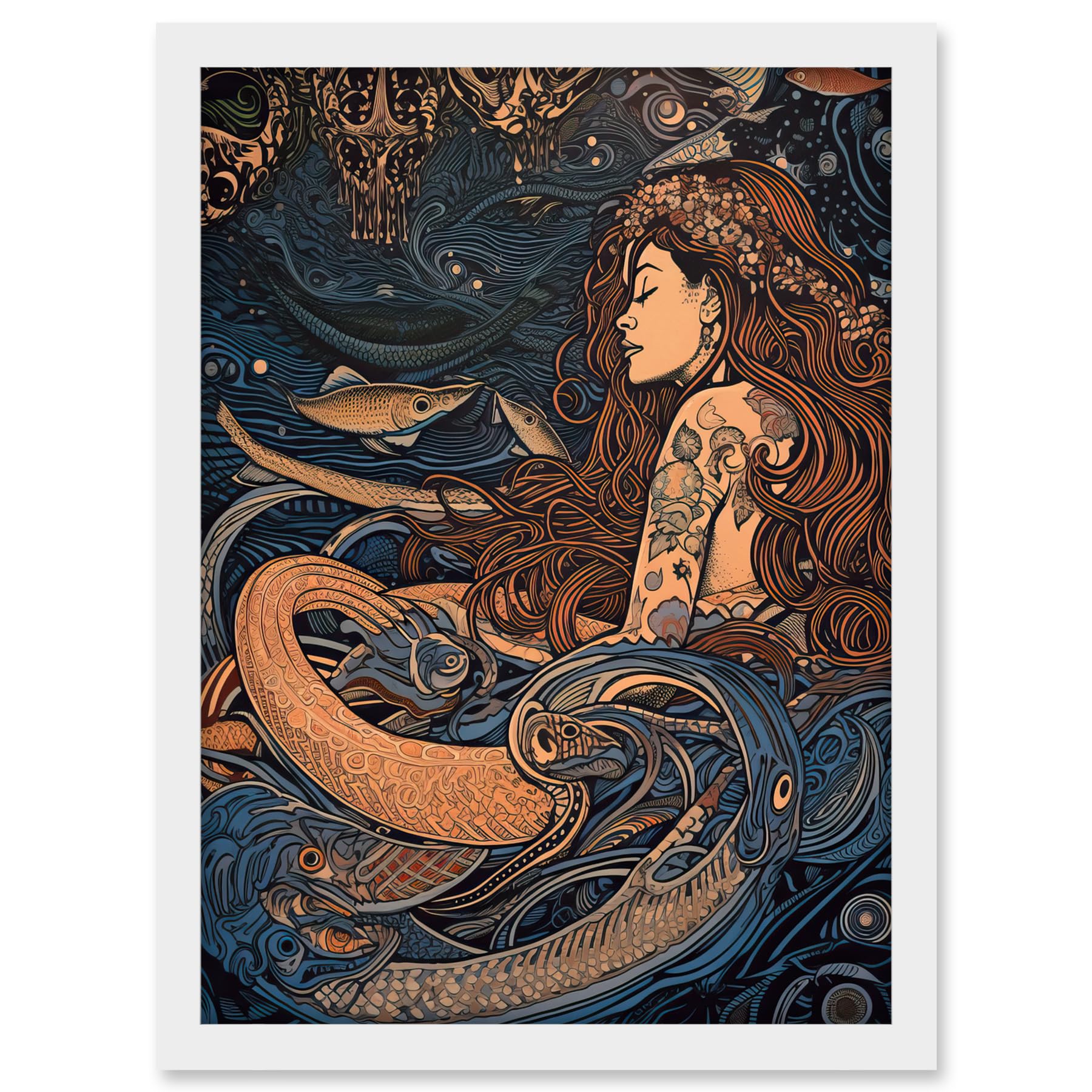 Artery8 Little Mermaid and Aquatic Animals Illustration Artwork Framed A3 Wall Art Print