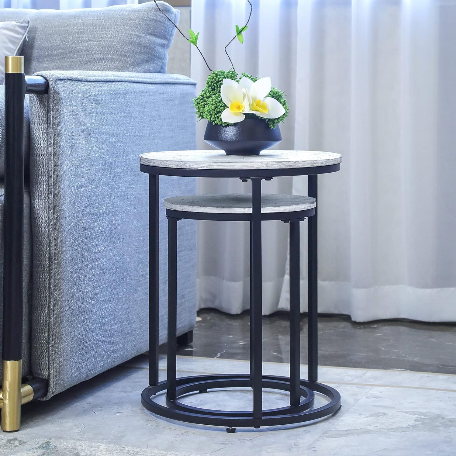 Industrial Round Nesting Tables Set of 2 Wooden Black Side End Tables for Balcony Living Room Bedroom Small Space, Large: 15.7" Dx19.5 H, Small: 12" Dx16 H : Home & Kitchen