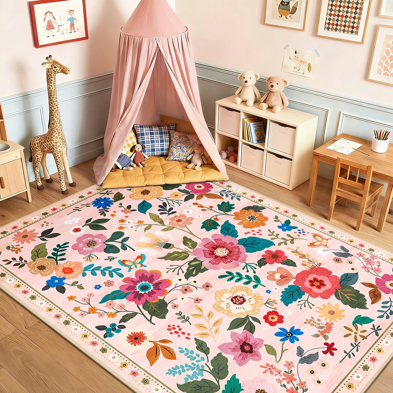DEFYNEE Machine Washable Rugs Living Room, 150×210cm Floral Rug, Non-Slip Low Pile Boho Vintage Floral Carpet with Printed Design for Kids Room, Bedroom, Kitchen, Entryway, Lounge, Pink/Beige — image 1