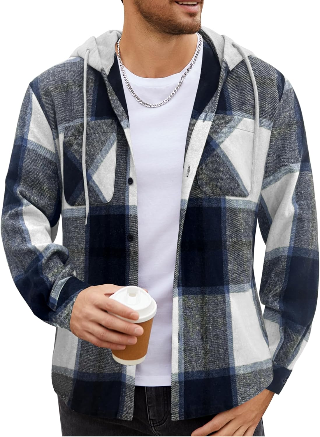COOFANDY Men's Flannel Hoodie Plaid Shirt Long Sleeve Button Down Casual Shirt Jacket Lightweight Fall Shacket