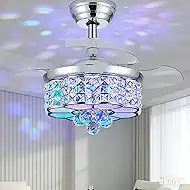 30" Retractable Crystal Ceiling Fan with Light, RGB Modern Chandelier 6 Speeds Reversible Blades Dimmable Remote App Control Memory Timer Silver