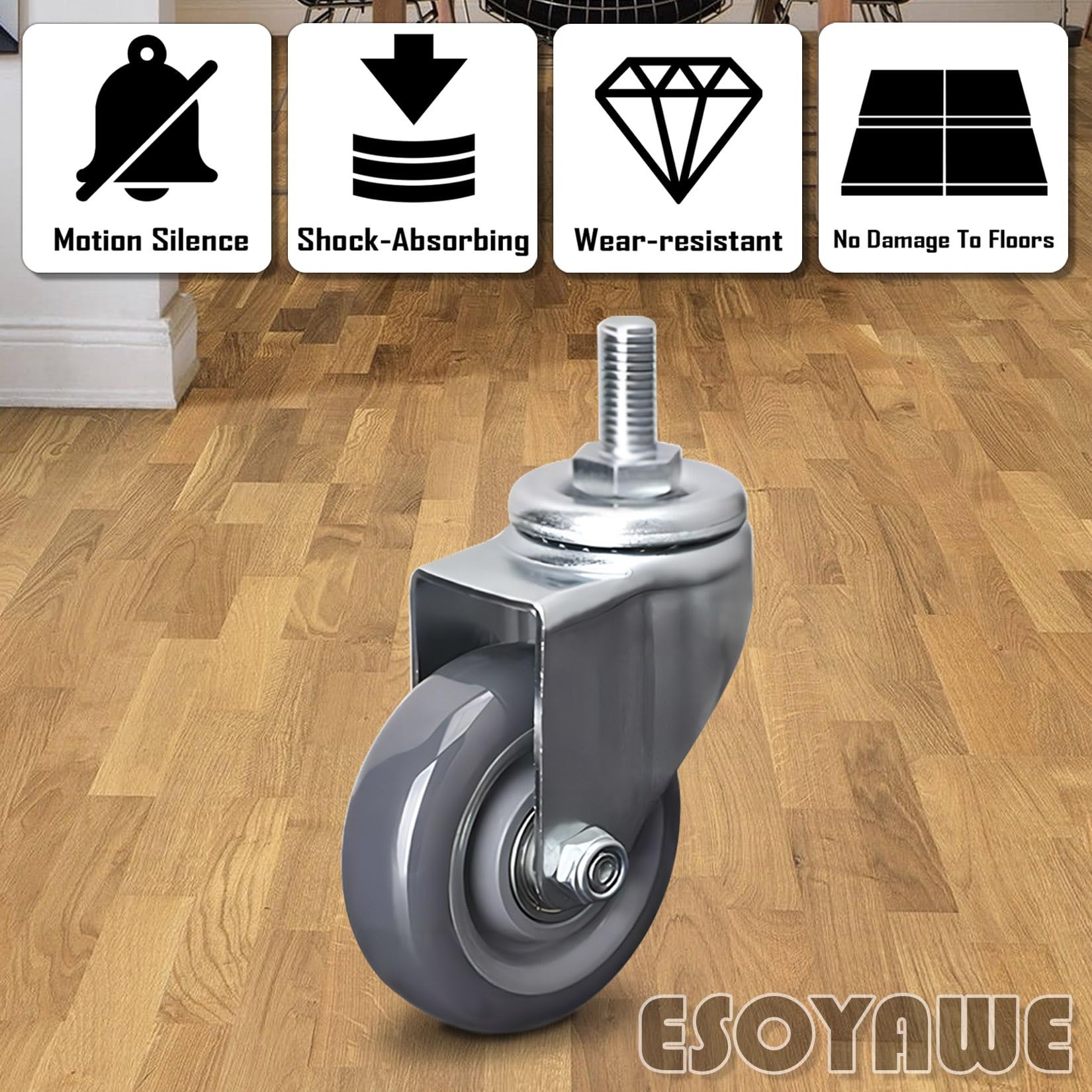 Roulette Pivotante À Tige Filetée M12 Lot De 4, 63 75 100mm Roues Silencieuses En Polyuréthane, Roulettes De Transport Industriel Avec Frein, Pour Chariot À Main, Tables De Travail, Meuble(Brake,100mm