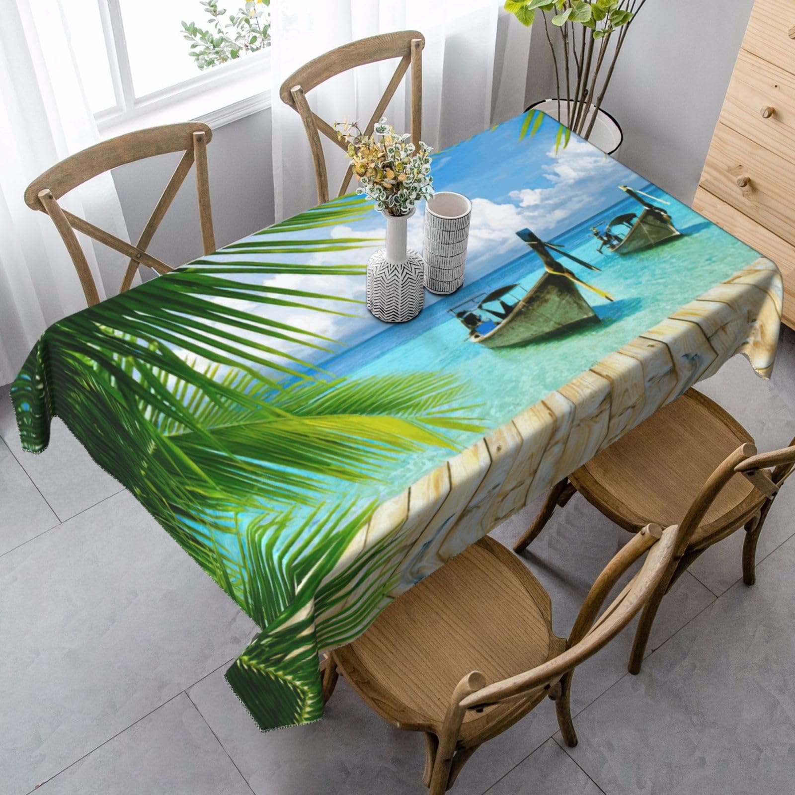 yagDAA Seaside Boat Coconut Leaves Print Rectangle Tablecloth Table Cover Indoor Outdoor Dining Room Kitchen Table Cloth 140x90cm