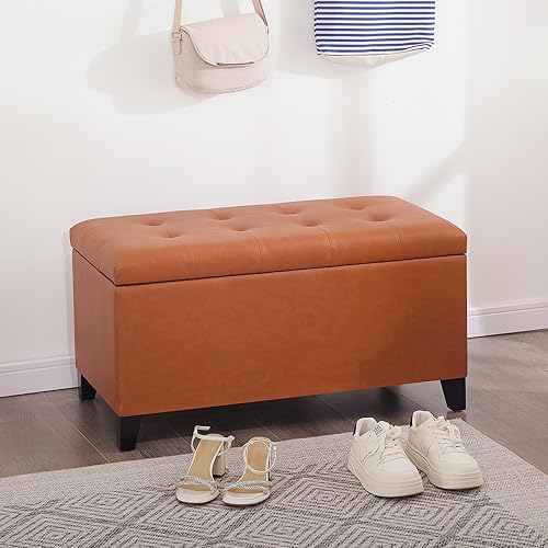 Vista 33 de Asense Banco otomano de almacenamiento, banco tapizado de piel sintética con bisagra de seguridad, patas de madera, para entrada y dormitorio Negro