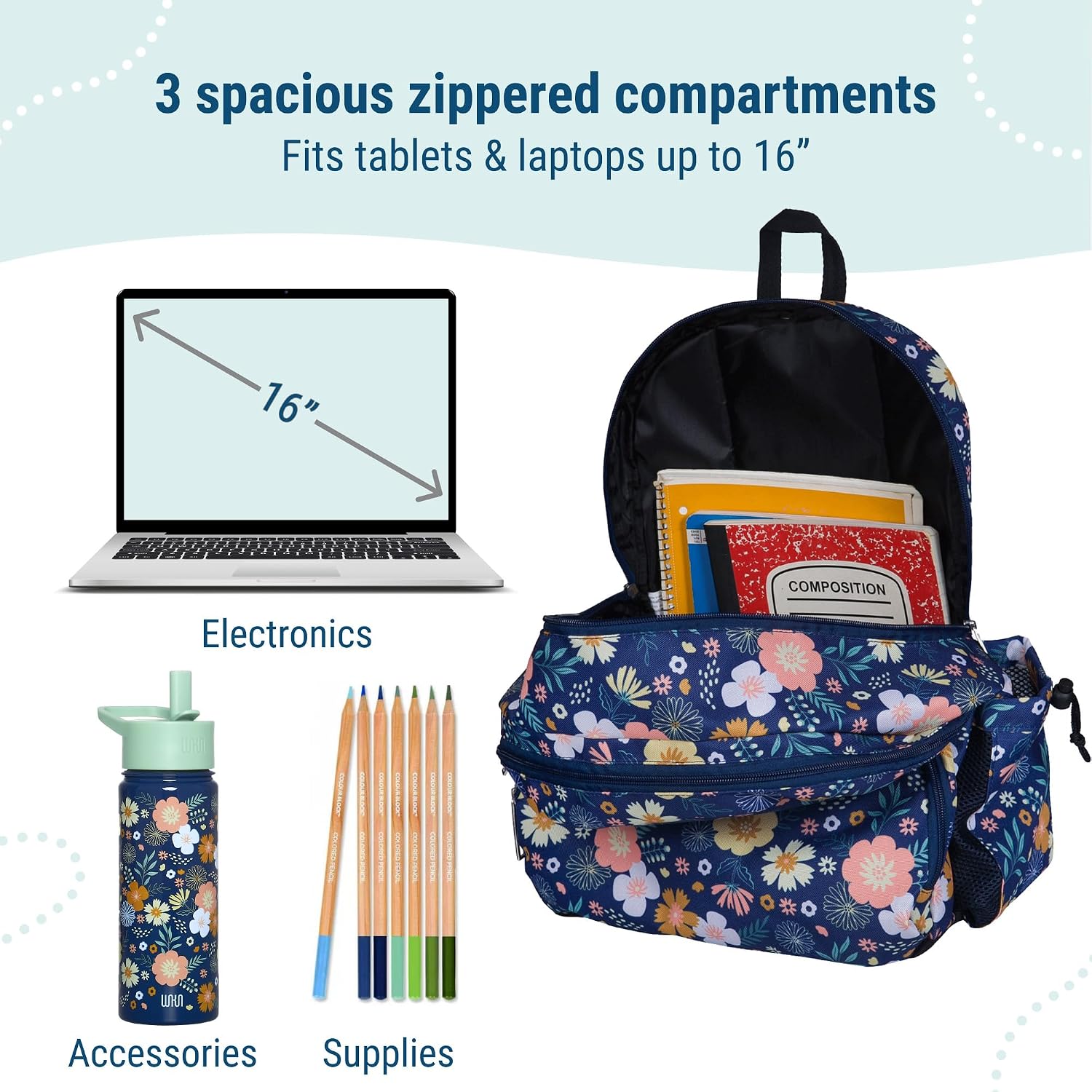 Wildkin Kids 17 Inch Backpack for Girls – Elementary School Backpack with Padded Straps, Multiple Pockets, Lightweight Bookbag for School & Travel, Ages 8–15 – Wildflower Bloom