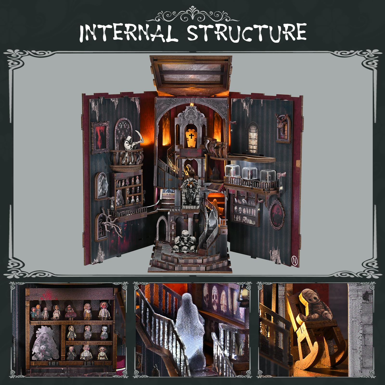 MiniCity Book Nook - Kit di costruzione 3D in miniatura per casa delle bambole con luce LED e protezione antipolvere – Haunting Relics