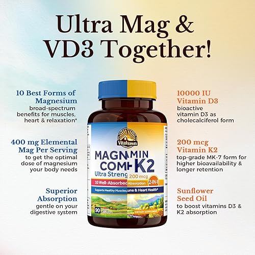 Miniatura 3 de Vitalitown Ultra Magnesio y Vitamina D3 K2 paquete (paquete de 2)  Complejo de magnesio 10 en 1 y 10000 UI D3, MK-7  para dientes de músculo óseo,