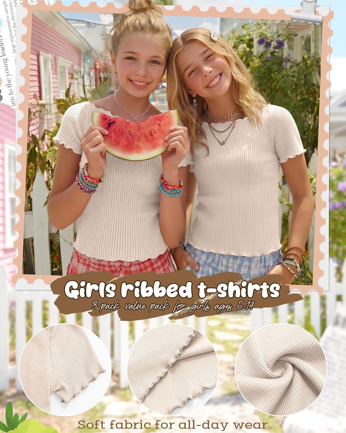 3 Pack Girls T-Shirts 5-14y Girls Tops Short Sleeve Ribbed Knit Lettuce Trim Kids Boat Neck Slim Casual Layer Tee