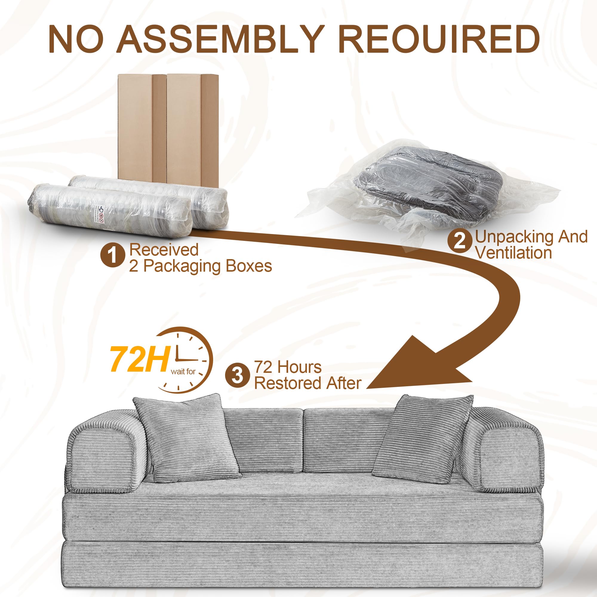 Sofa podłogowa rozkładana sofa modułowa z 2 poduszkami, stalowy stelaż, kolor brązowy