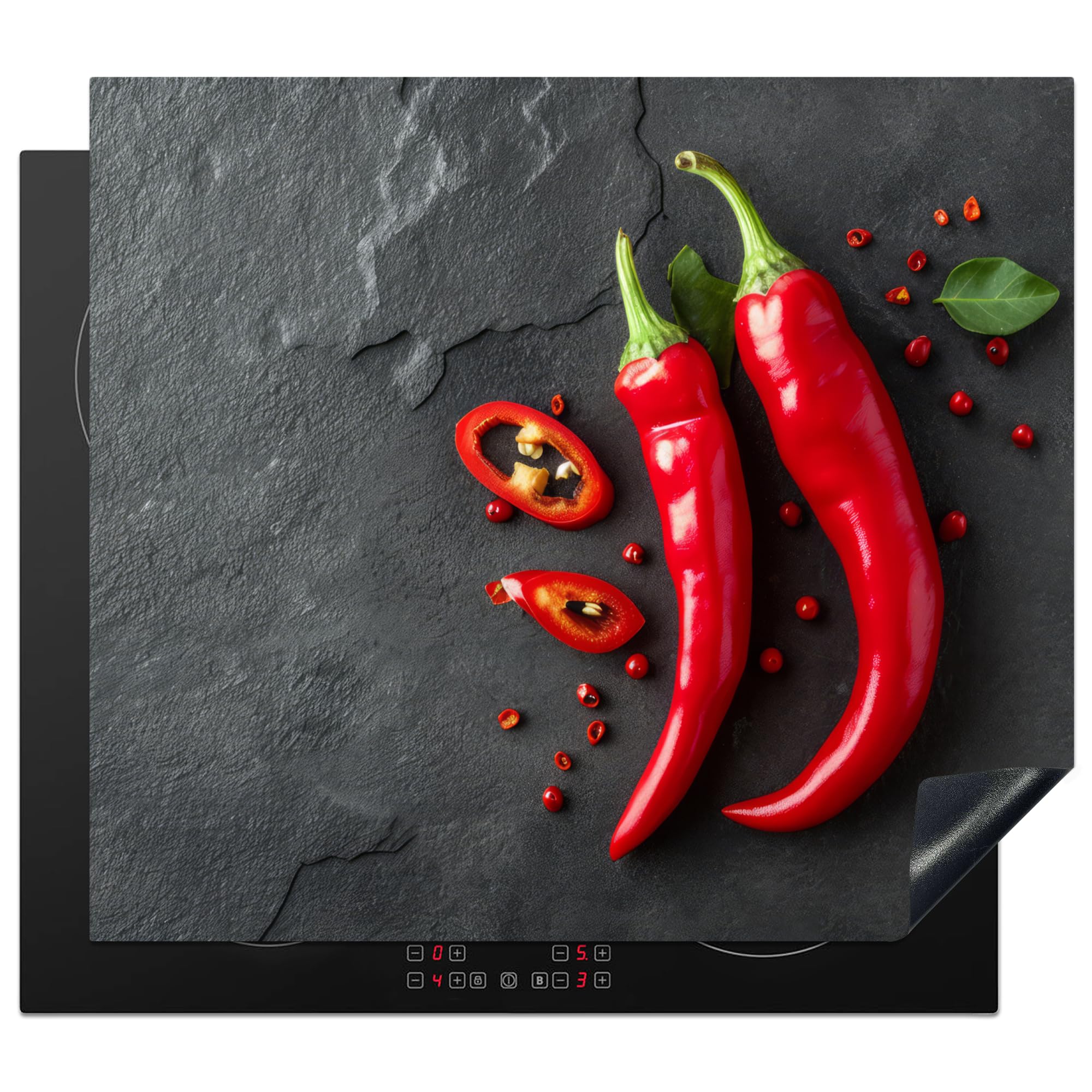 KitchenYeah© Induction Hob Protector Mat 20.5"x23.2" / 59x52 cm Stove Cap Top Cover Kitchen Cooker Covers for Electric Hobs Vinyl Red Pepper - Concrete - Chilies - Vegetables — image 1