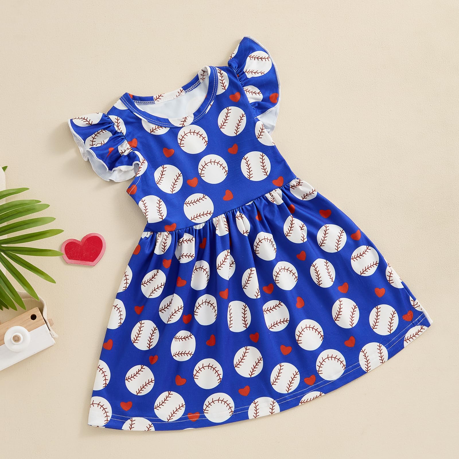 Toddler Baby Girl Baseball Clothes Baseball Print Twirly Dress Flutter Sleeve Swing Sundress Casual Summer Dresses (Blue, 18-24 Months)