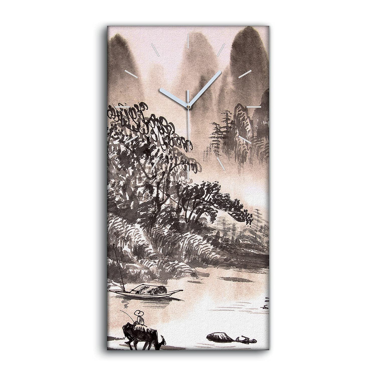 Horloge sur Toile 30x60cm Peinture Paysage Chinois en Aquarelle
