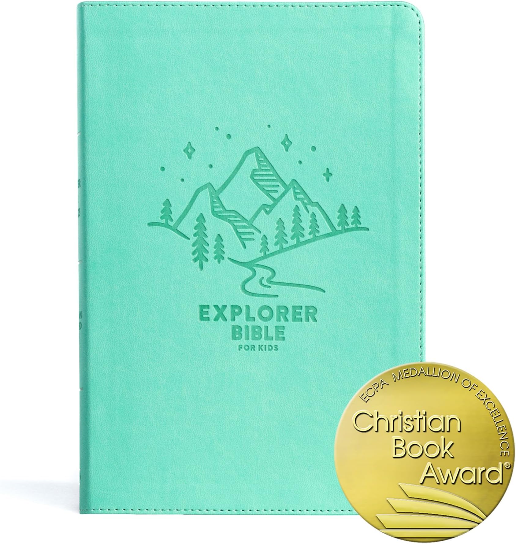CSB Explorer Bible for Kids, Light Teal Mountains LeatherTouch, Red Letter, Full-Color Design, Photos, Illustrations, Charts, Videos, Activities, Easy-to-Read Bible Serif Type