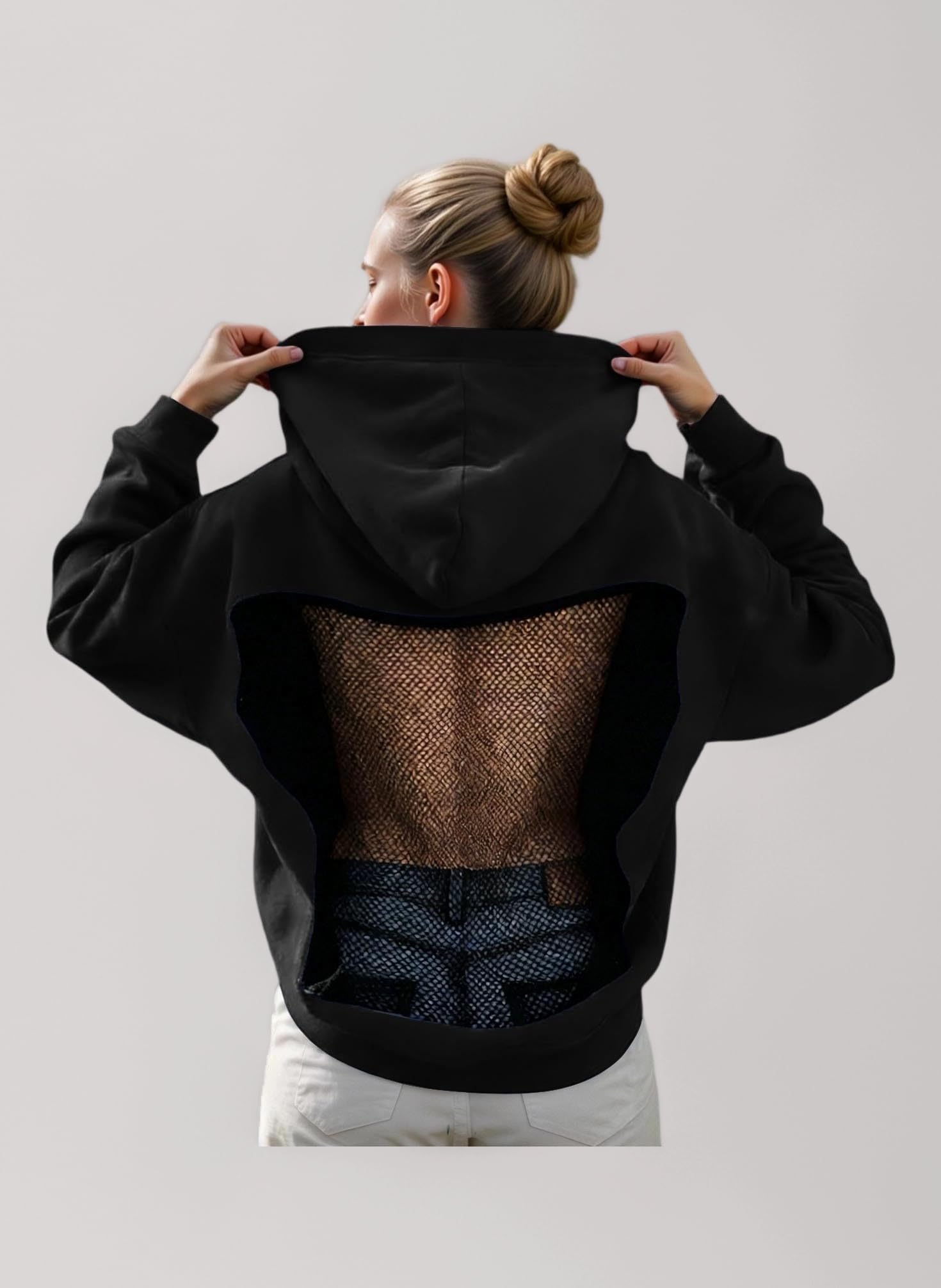 Crystal Mesh Back Hoodie Shirt Top Casual Long Sleeve Pullover Sweatshirt with Pockets Oversized Sweatshirts for Womens Open Back Draped in Crystal Mesh Hoodie