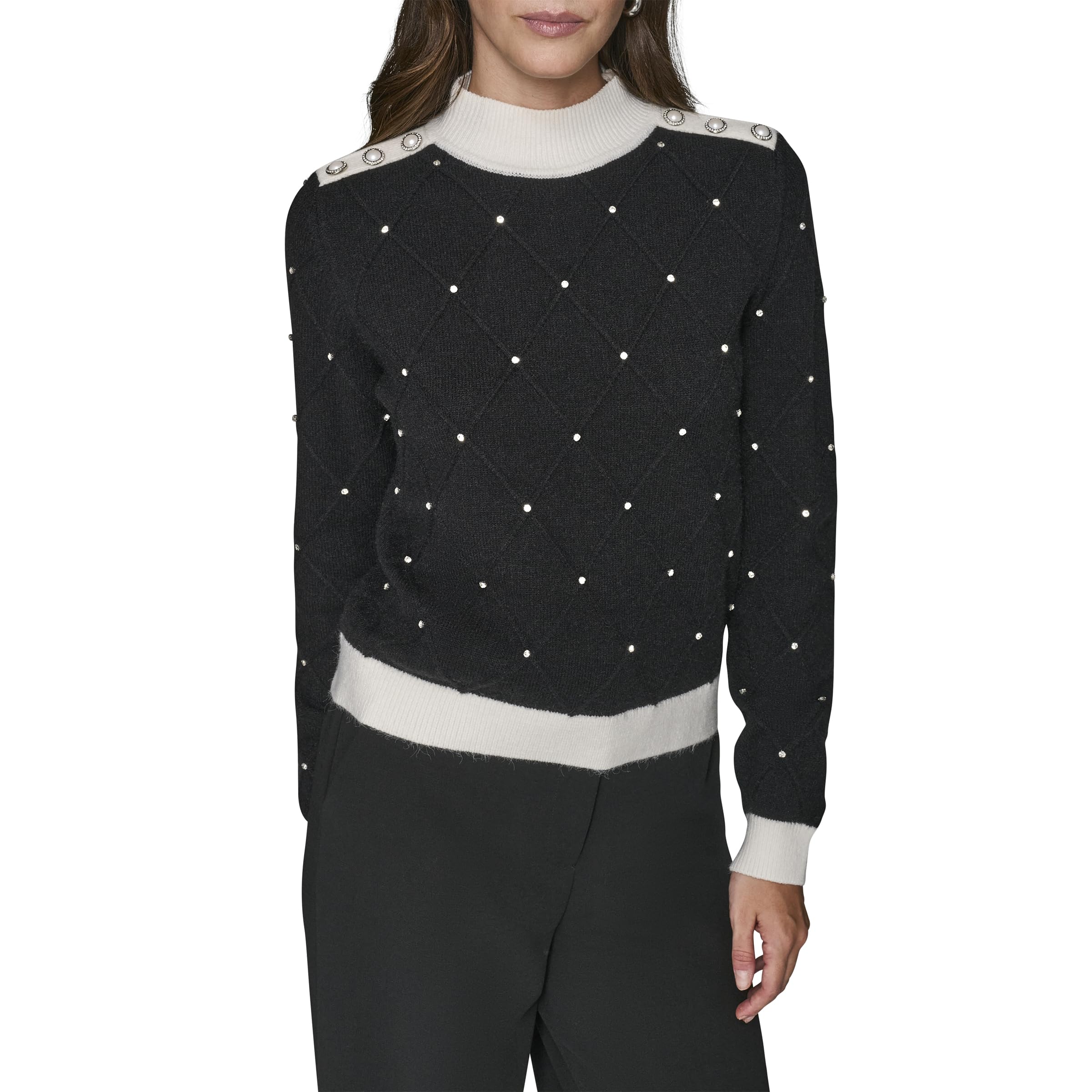Karl Lagerfeld Womens Long Sleeve Mock Neck Crystal Detail Elevated Sweater