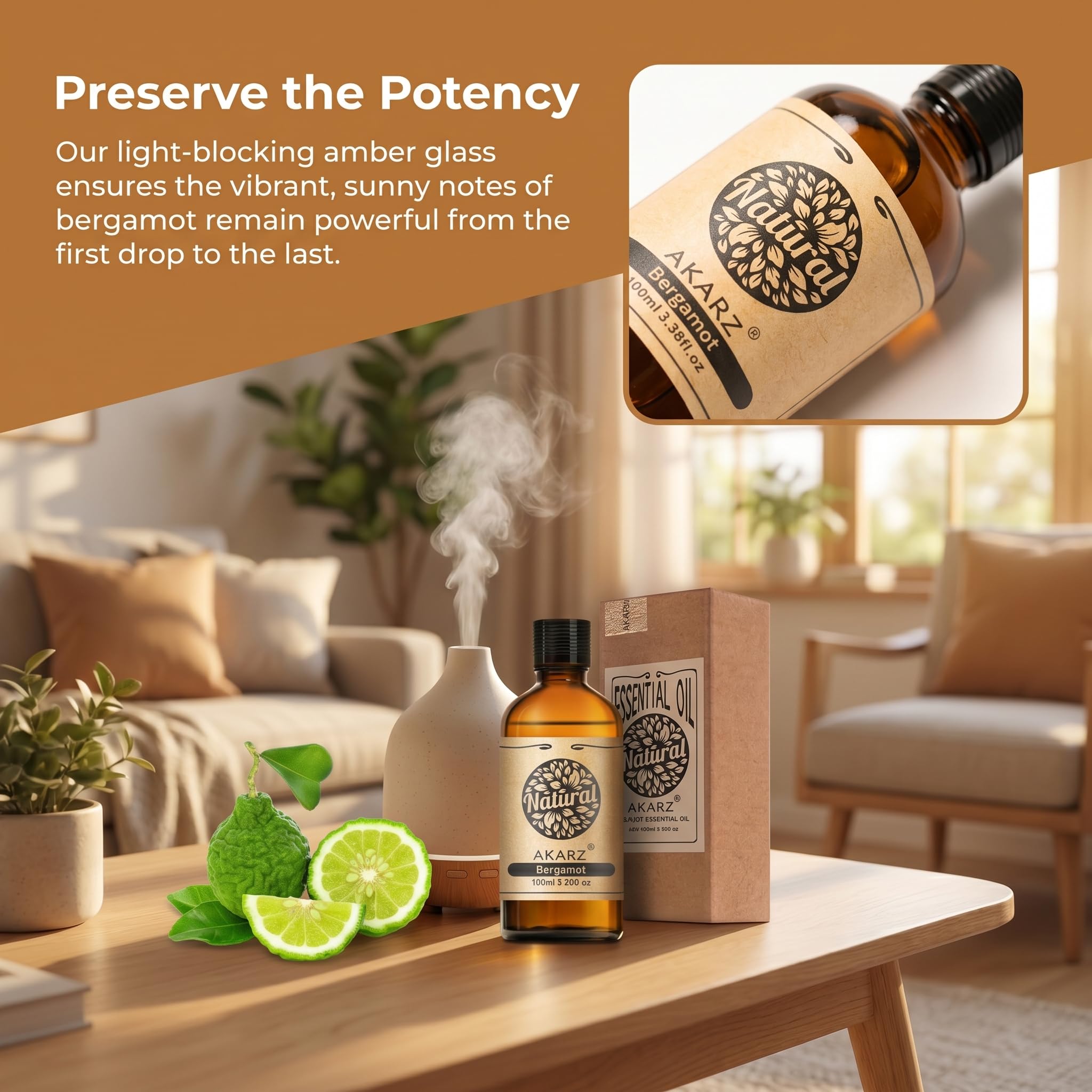 AKARZ 100ml Olejek esencjny z Bergamotu - Naturalny olejek aromatyczny do dyfuzorów, lamp aromatycznych i aromatów pomieszczeń