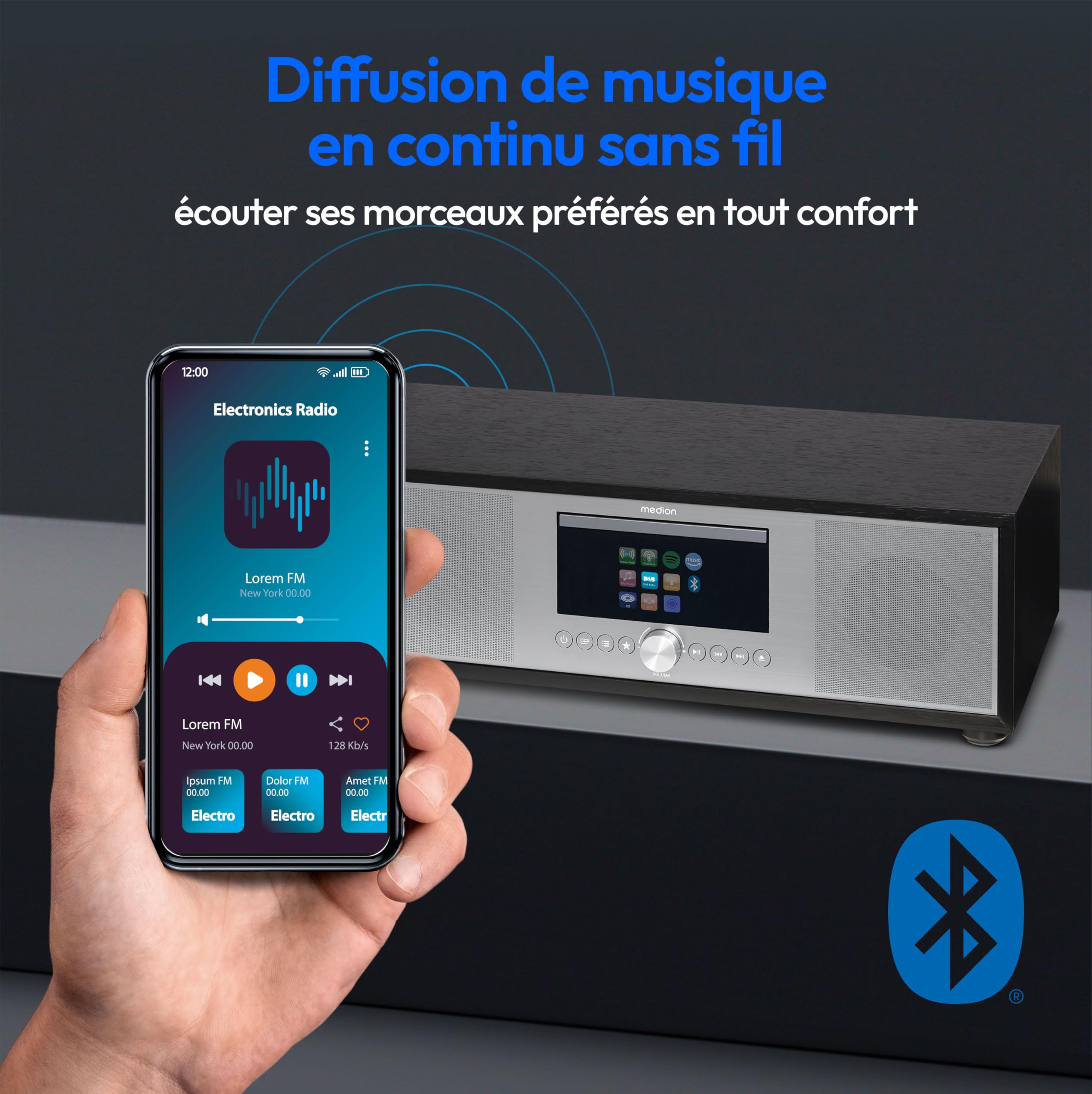 MEDION P66400 Chaîne Audio Tout-en-Un (Radio Internet, Dab+, Lecteur CD/MP3, Spotify, Amazon Music, Radio FM PLL, USB, AUX, Caisson de Basses, Réveil, Veille Automatique) Argent