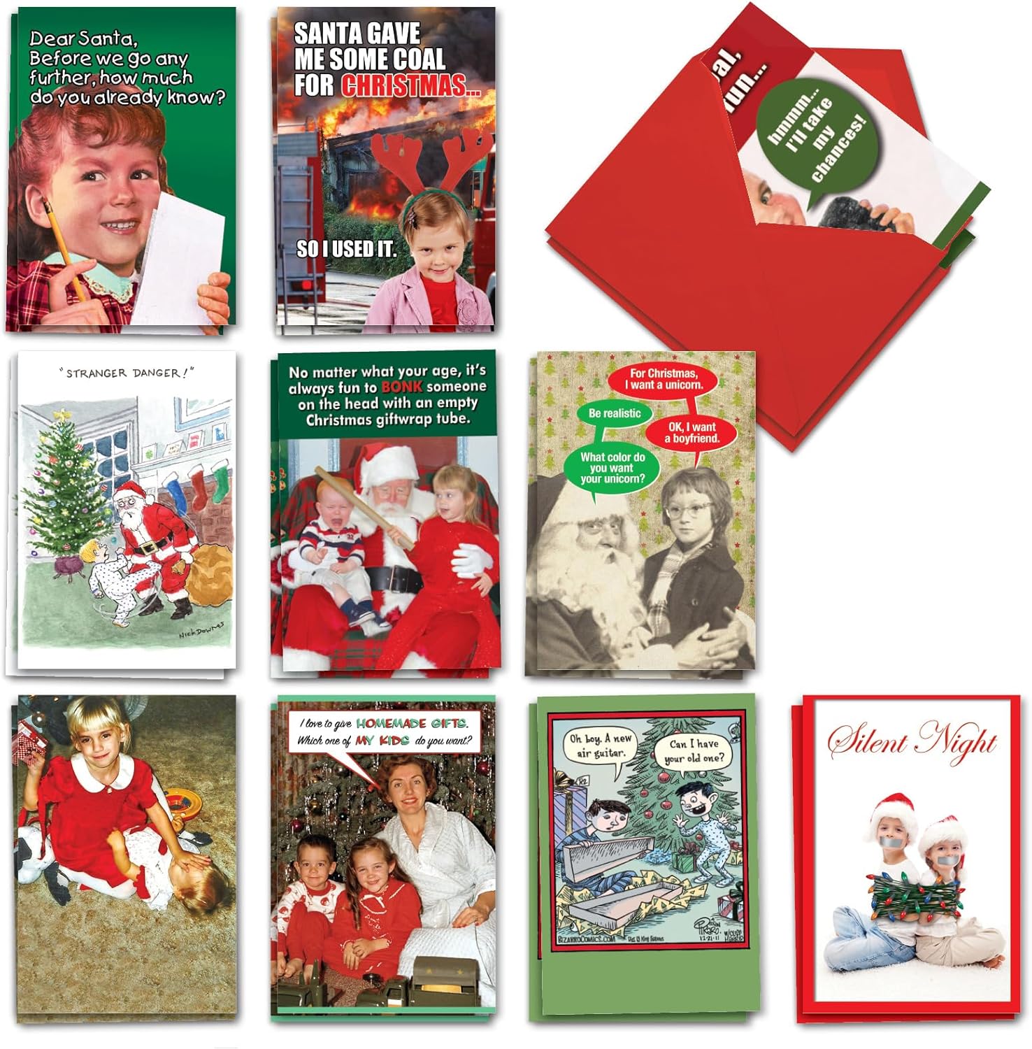 NobleWorks 20 Assorted Box Set Funny Christmas Greeting Cards w/ 5 x 7 Inch Envelopes For Men and Women (10 Designs, 2 Each) Holiday Children AC10708XSG-B2x10