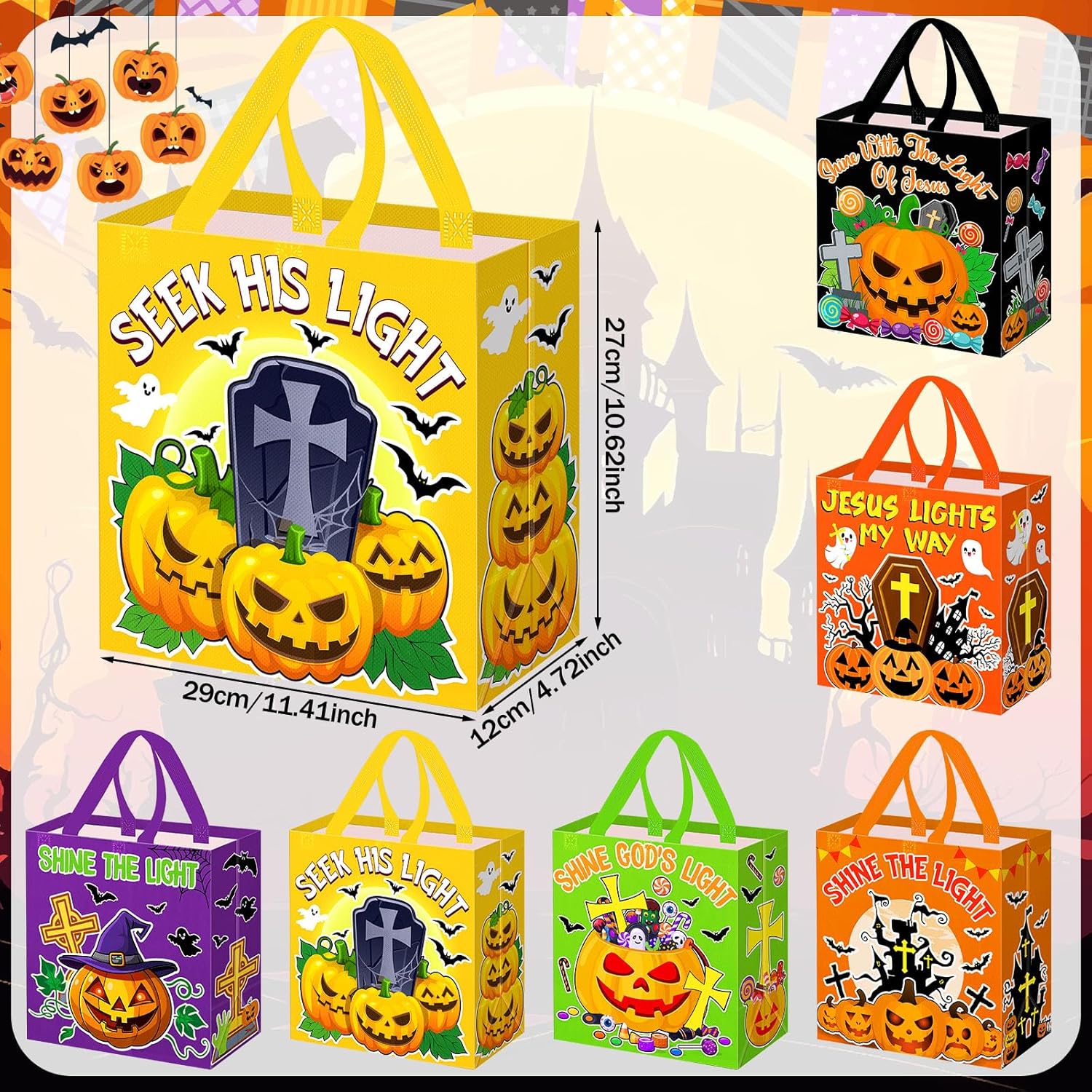 48 Pcs Christian Halloween Bags with Handles Non Woven Religious Pumpkin Halloween Tote Bags Bulk for Trick or Treat Jesus Church Party Favors Gift Supplies, 11.4 x 10.6 x 4.7 Inch - Image 2