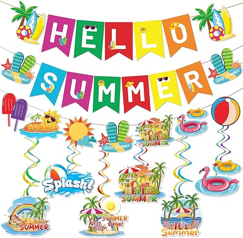 Yavxzvbw Cartel de Hello Summer Party Decoraciones de fin de año escolar Decoración de fiesta en piscina