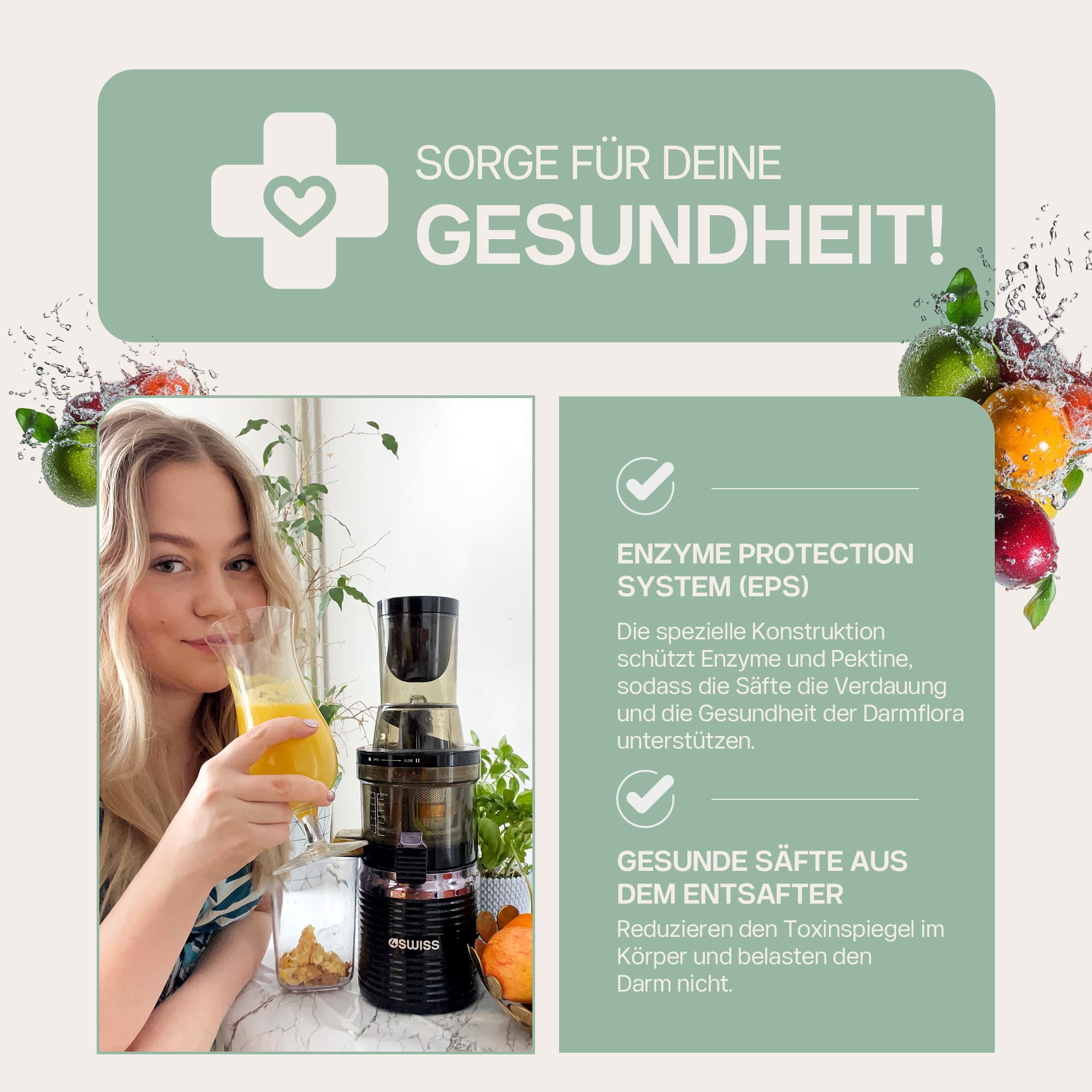 4Swiss Entsafter Saftpresse Elektrisch für Gemüse Obst Slow Juicer Machine mit Einfüllschacht - Kaltentsafter Fruchtpresse Presse Große Saftmaschine XL Leicht zu Reinigen Obstpresse - BM202 Schwarz