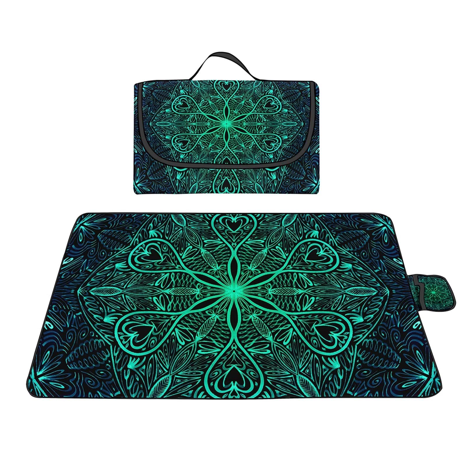 Manta de Picnic al Aire Libre, 150x200cm Alfombras de Playa, Mantas para pícnic Impermeable Prueba Arena Manta de Playa Plegable Portátil para Aire Libre Jardín Acampar Mantas Pícnic Mandala Verde