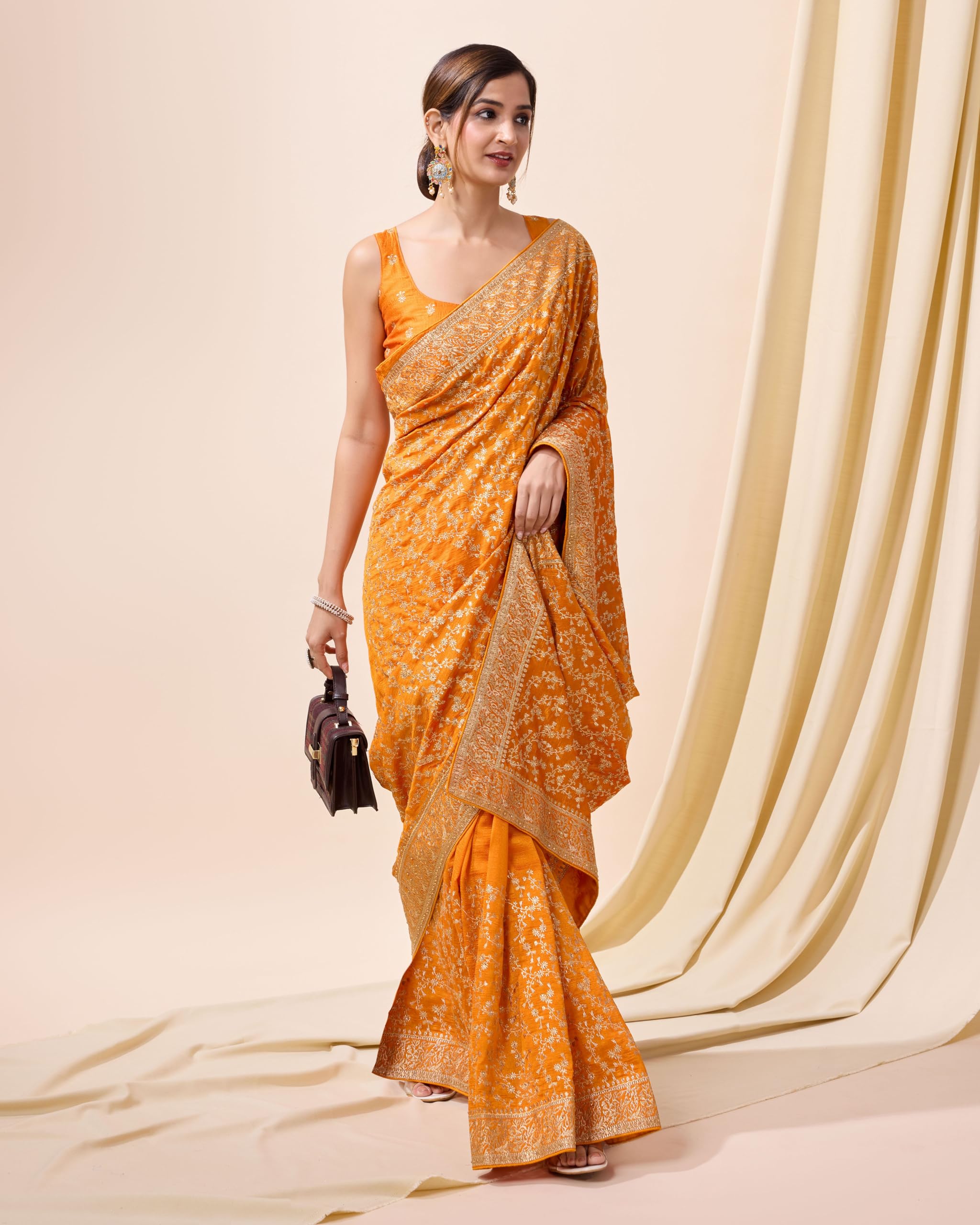 TRENDMALLS Women's Vichitra Silk Heavy Embroidery designer saree for women
