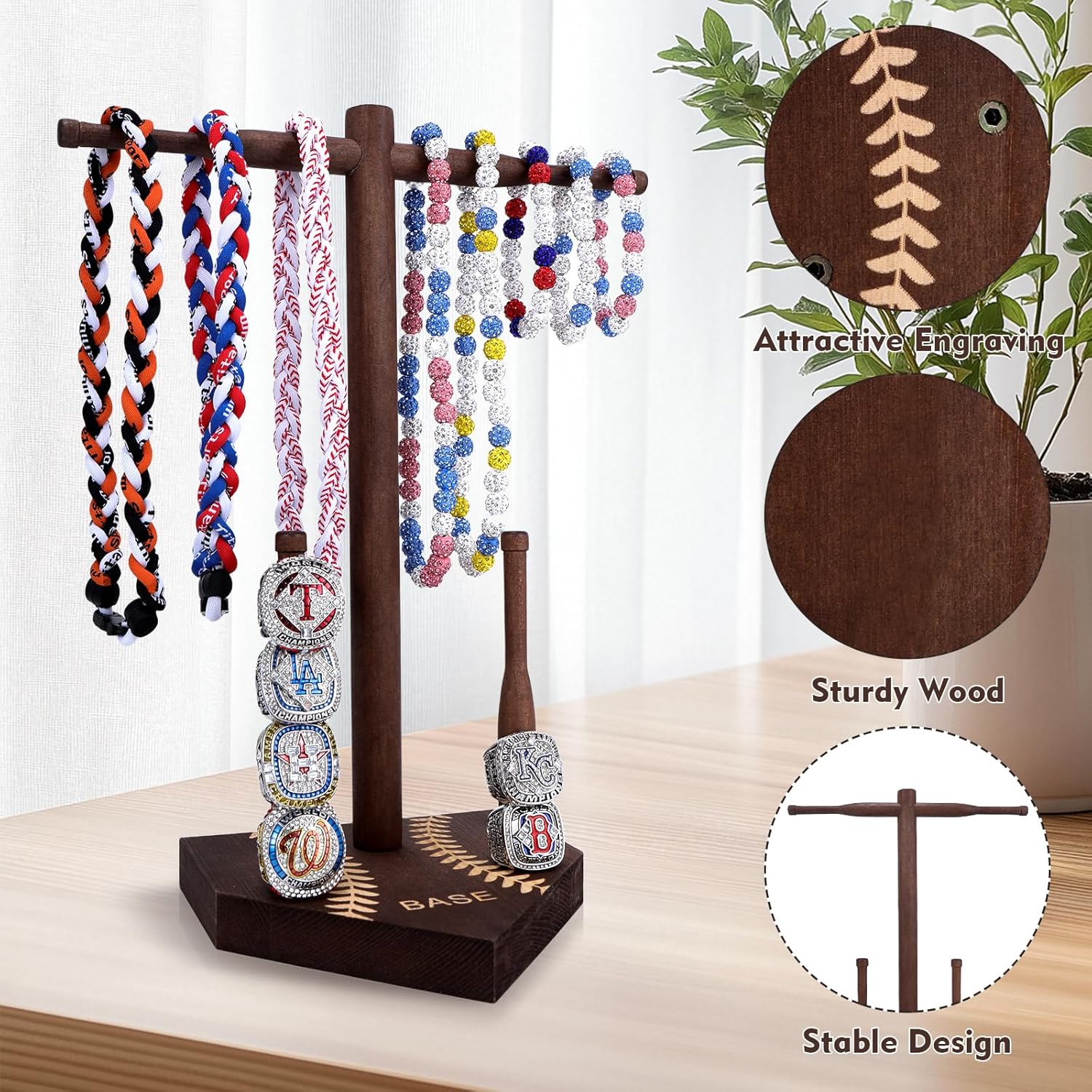 Baseball Drip Necklace Holder - Wooden Baseball Ring Bracelets Display Holder, Baseball Softball Gifts For Boys Girls, Baseball Accessories Decor, Championship Ring Organizer Jewelry Holder - Image 2