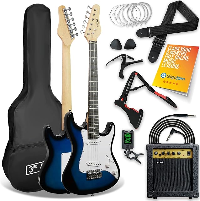 3rd Avenue XF 3/4 Size Electric Guitar Ultimate Kit with 10W Amp, Digital Tuner, Cable, Stand, Gig Bag, Strap, Spare Strings, Picks, Capo  Blue