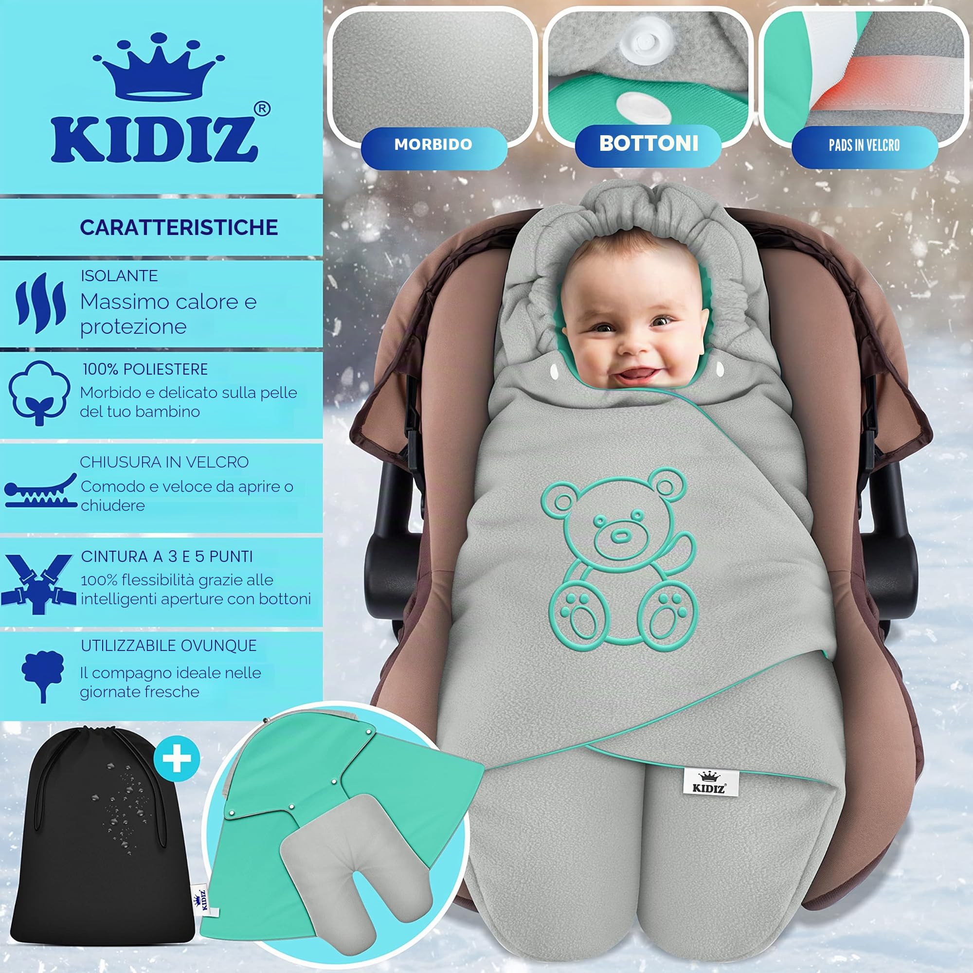 KIDIZ® Coperta invernale con cappuccio + borsa universale per ovetto, seggiolino auto, ad esempio per Maxi-Cosi, Römer per passeggino, passeggino e tutti i sistemi di cinture a 3 e 5 punti