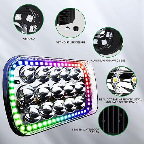 Miniatura 3 de Ciascy 2 piezas de luces LED de haz sellado H6054 7x6 5x7 para uso todoterreno, con función de halo RGB, para Wrangler YJ XJ Cherokee E250,